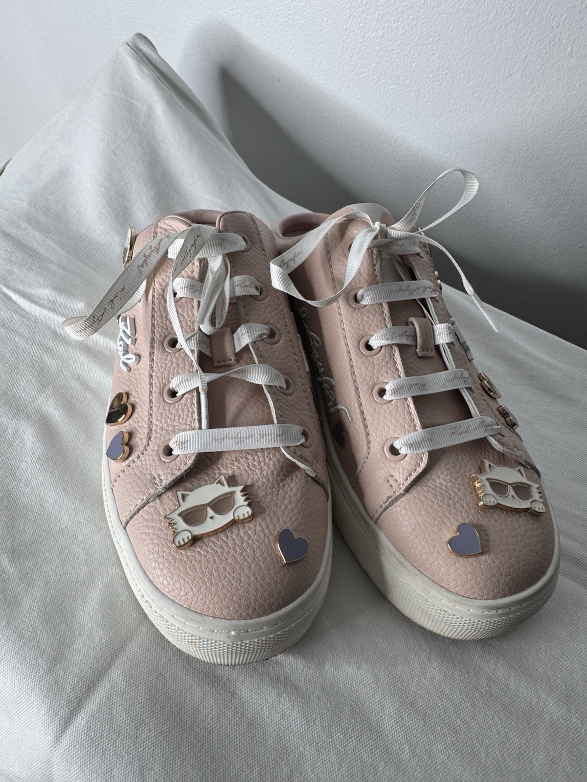 Women Karl LagerfeldCate Pins Charm Lace Up Open heel Sneak Pink Leather Shoe7,5