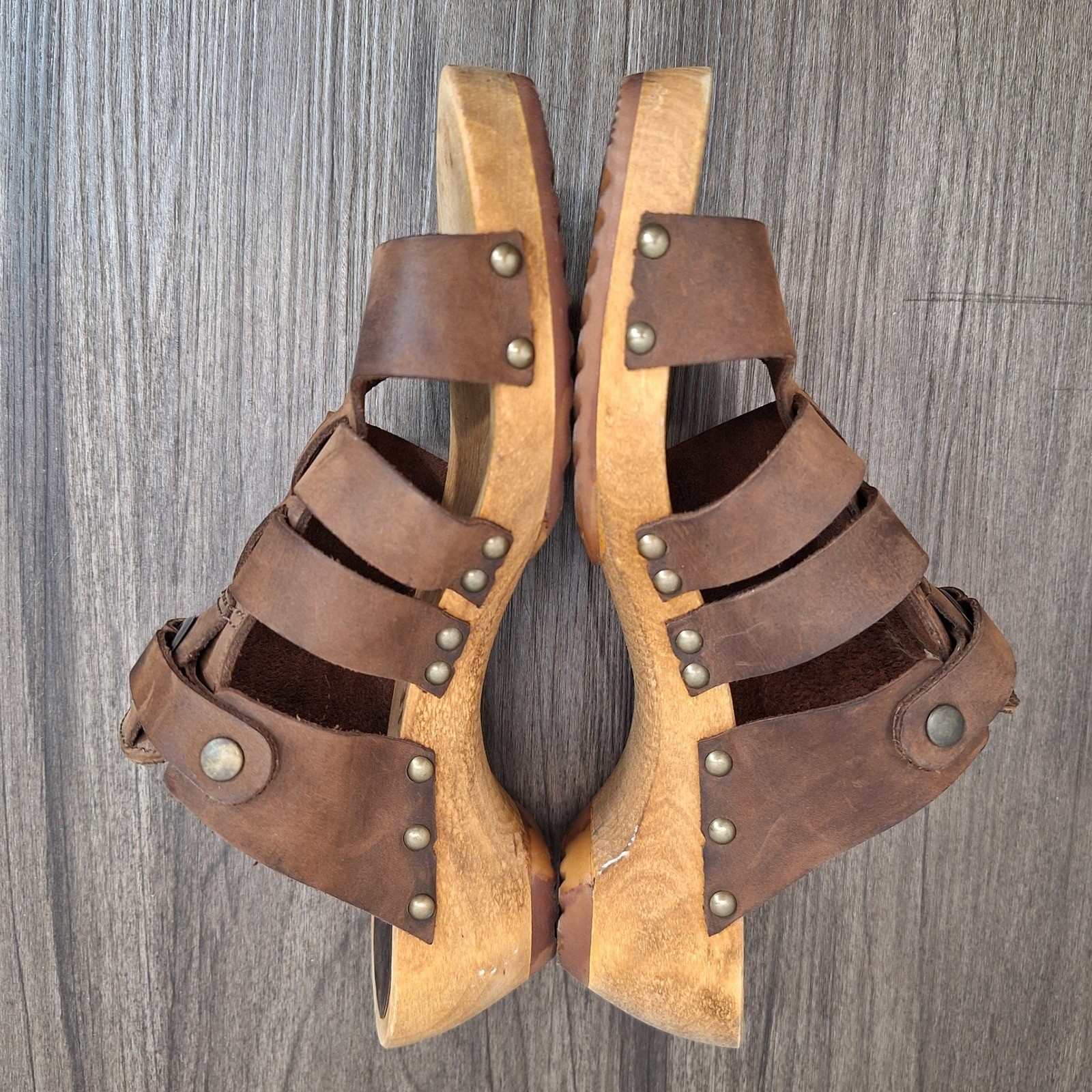 Sanita Brown Leather Wood Platform Clog Sandals Women’s 7.5 Strappy Danish Clogs