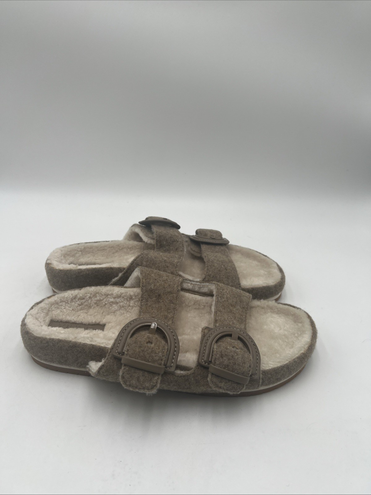 Vince Womens Glyn 2 Buckle Slides Wool Shearling Lined Beige Size 9