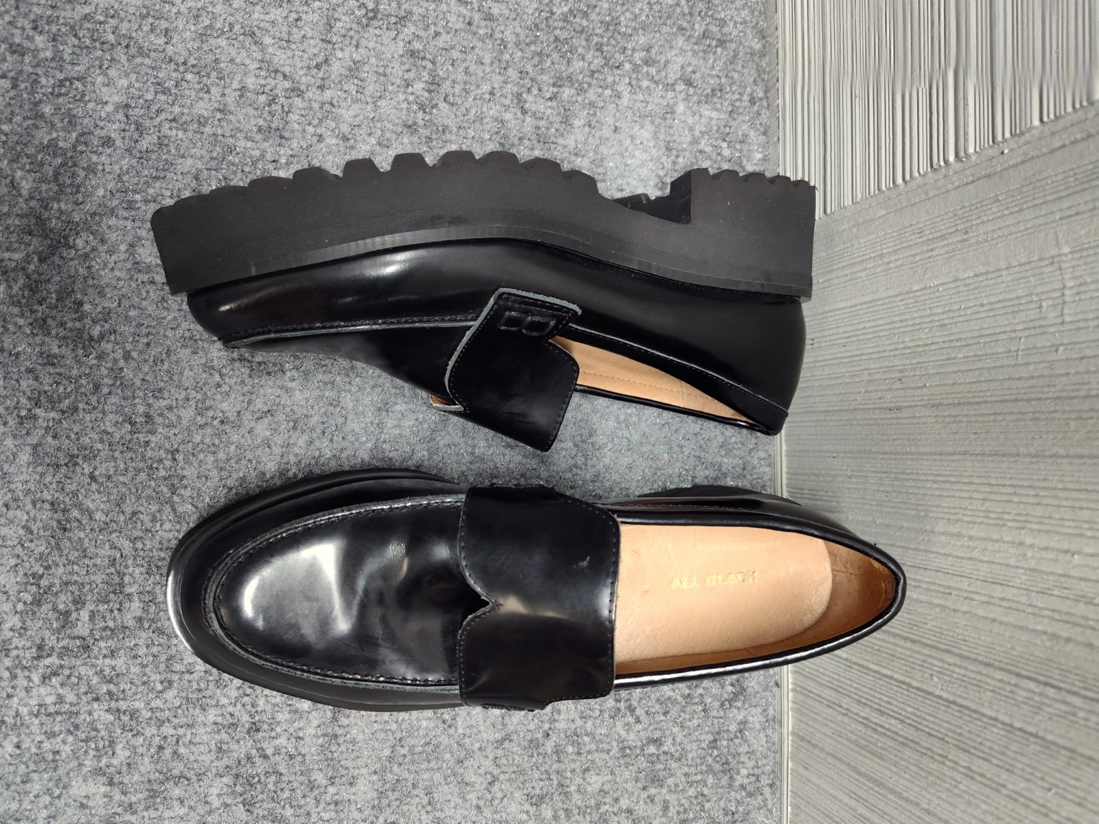 ALL BLACK Women Loafer 37 US 6 Black Patent Leather Slip On Chunky Platform Shoe