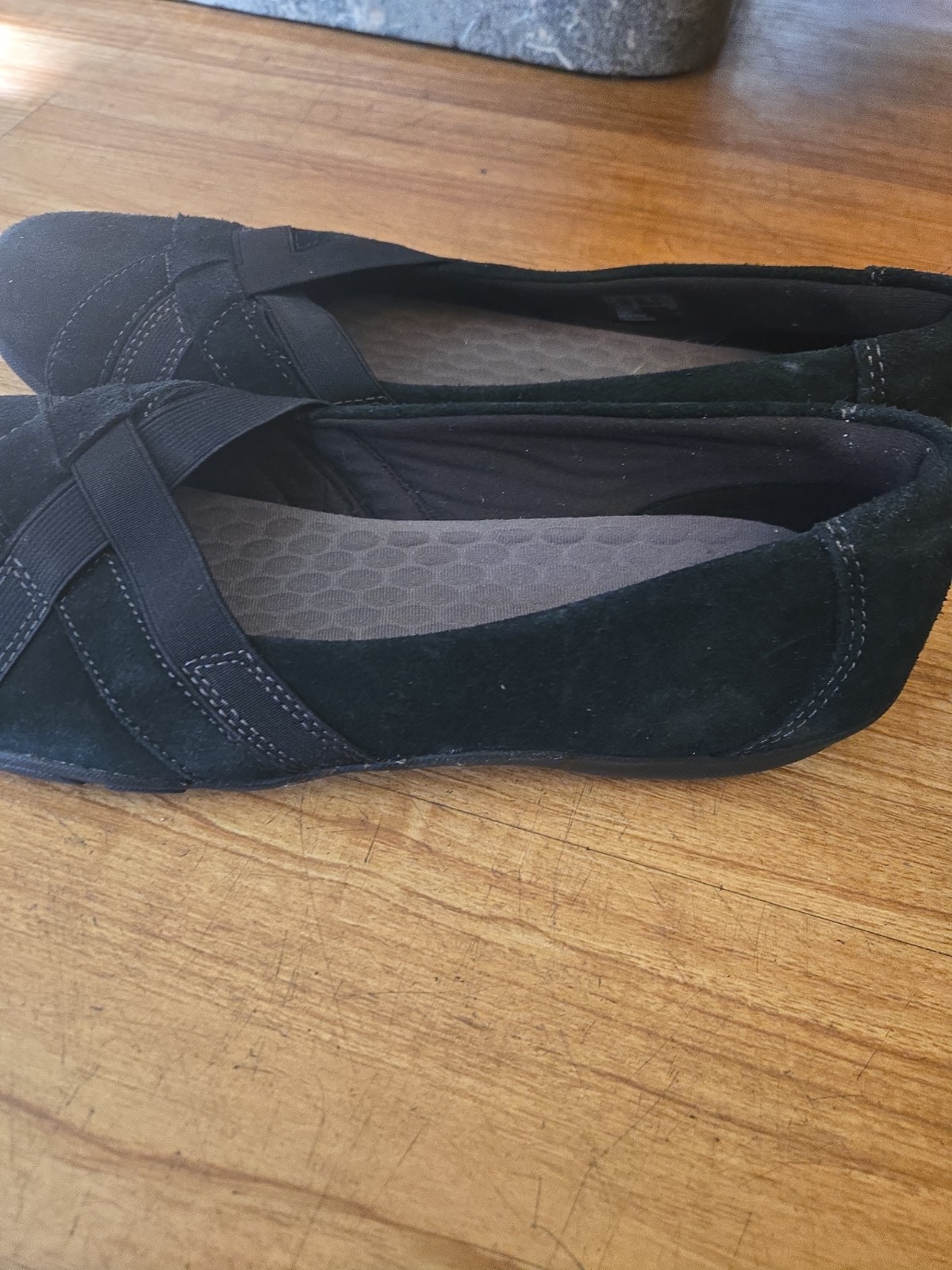 black suede Clarks Haley Jay slip-on comfort flats, crisscross elastic Straps