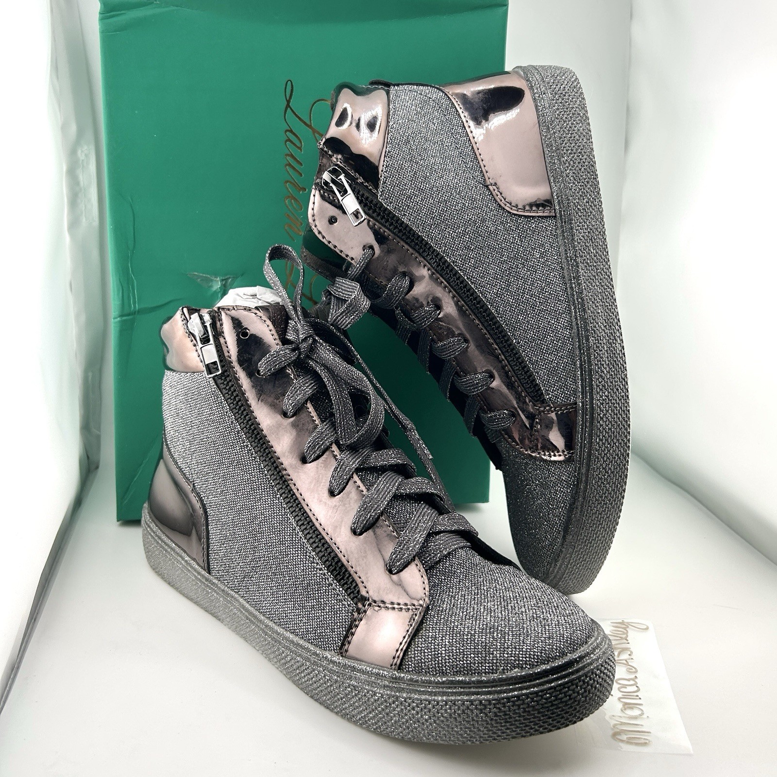Lauren Lorraine Pewter Silver Sparkle High top Sparkly Sneakers Women’s 9 – New