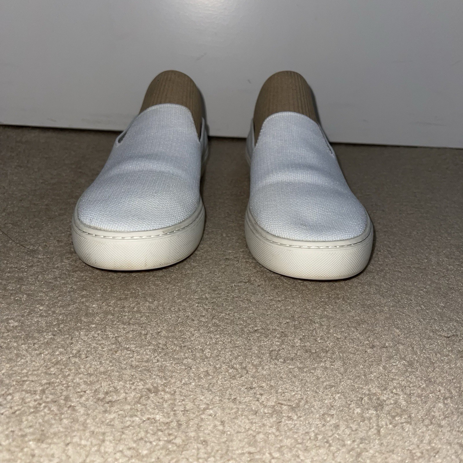 Rothy’s White Slip On Sneakers Blue Stripe Knit Sustainable Size 8.5