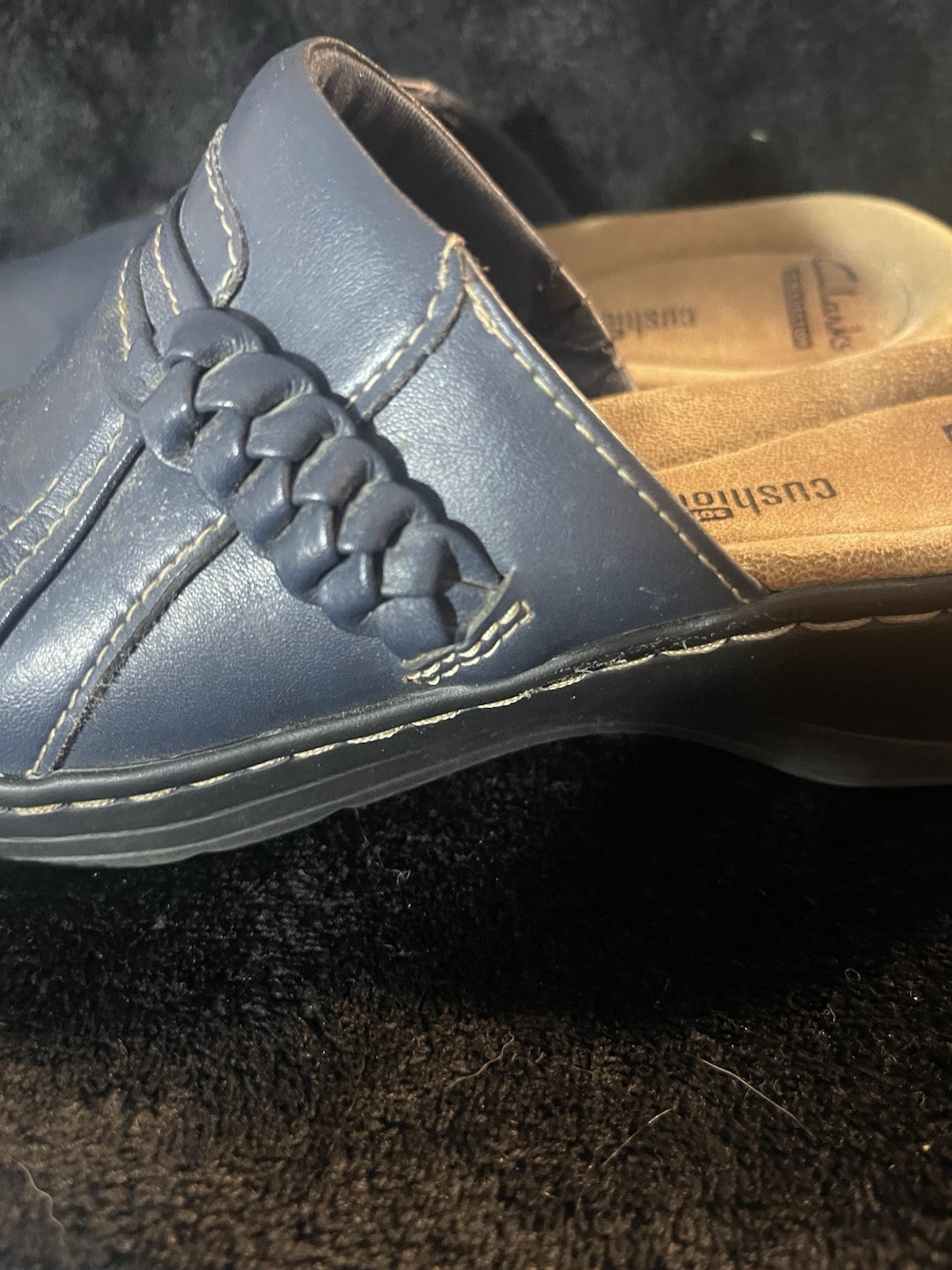 Clarks Collection Women’s Blue Leather Cushioned Slip-On Mule Wedge 7M