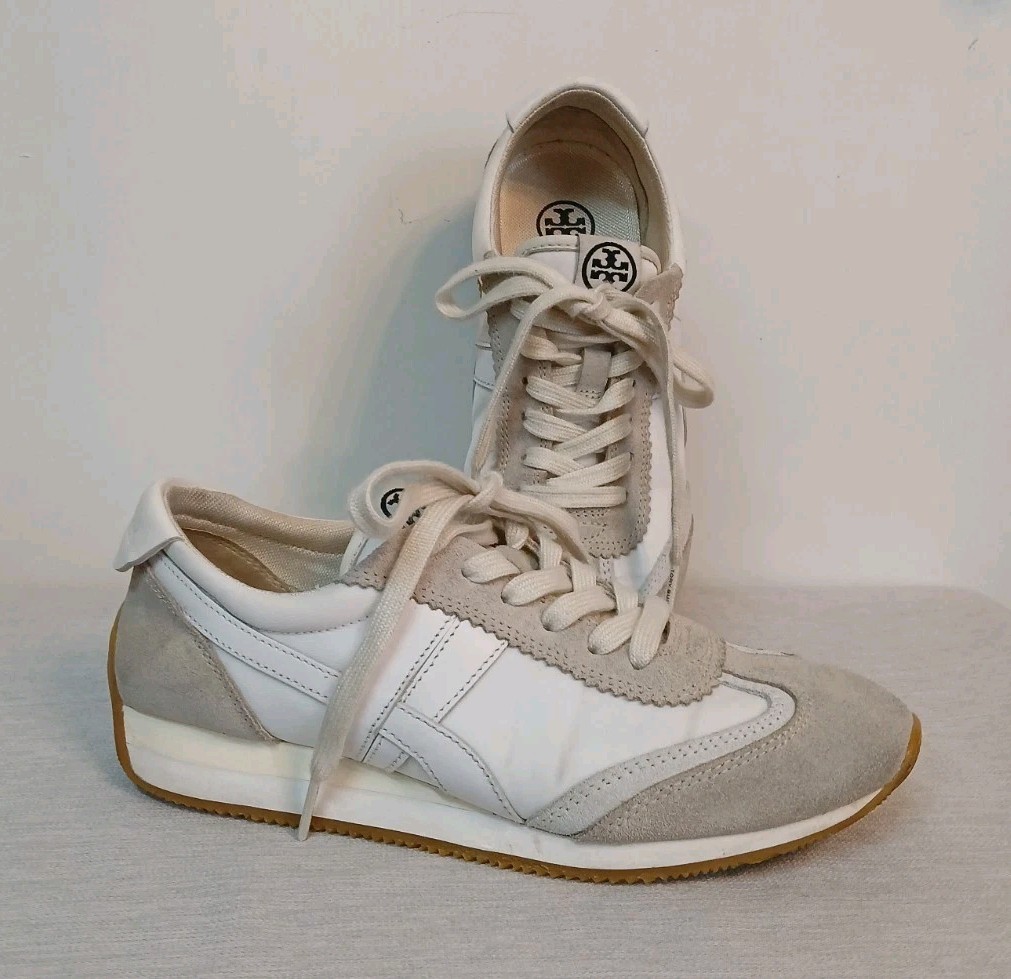 Tory Burch Hank Leather Suede Sneaker Womens 6 Snow White Beige Gum Lace
