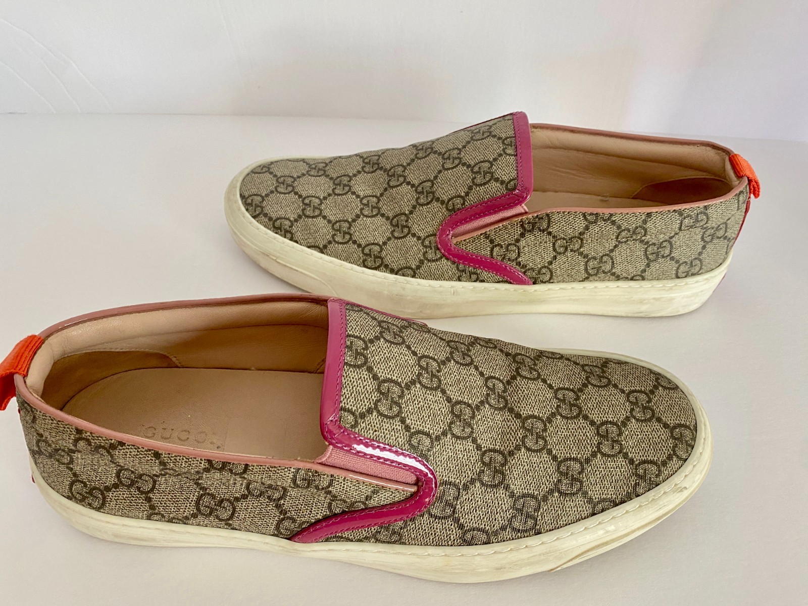 GUCCI GG Supreme Canvas Leather Slip On Sneaker Trainer w/ Pink &Orange EUC Sz40