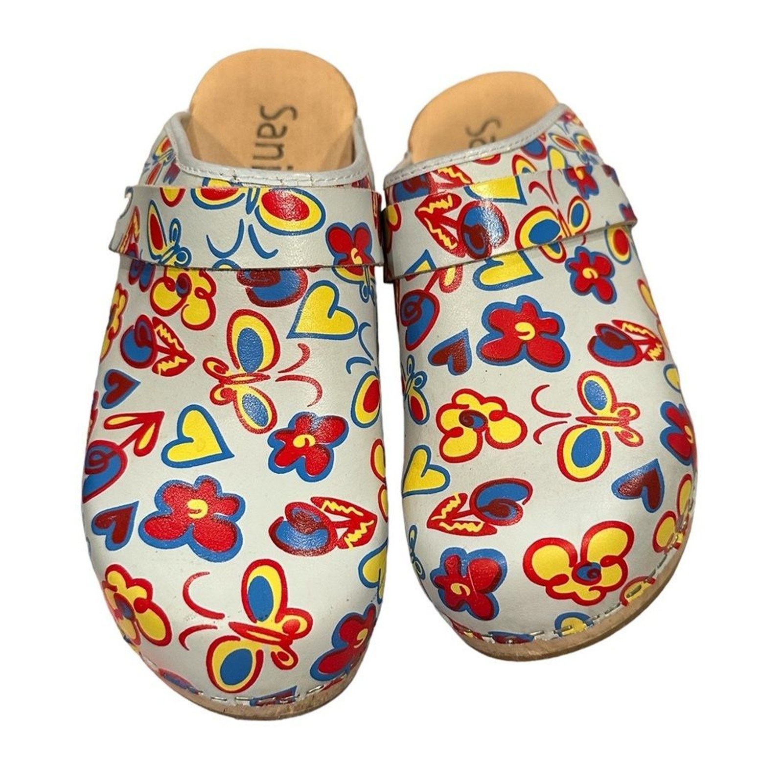 SANITA FLORAL HEARTS BUTTERFLY OPEN BACK WHIMSICAL CLOGS MULES