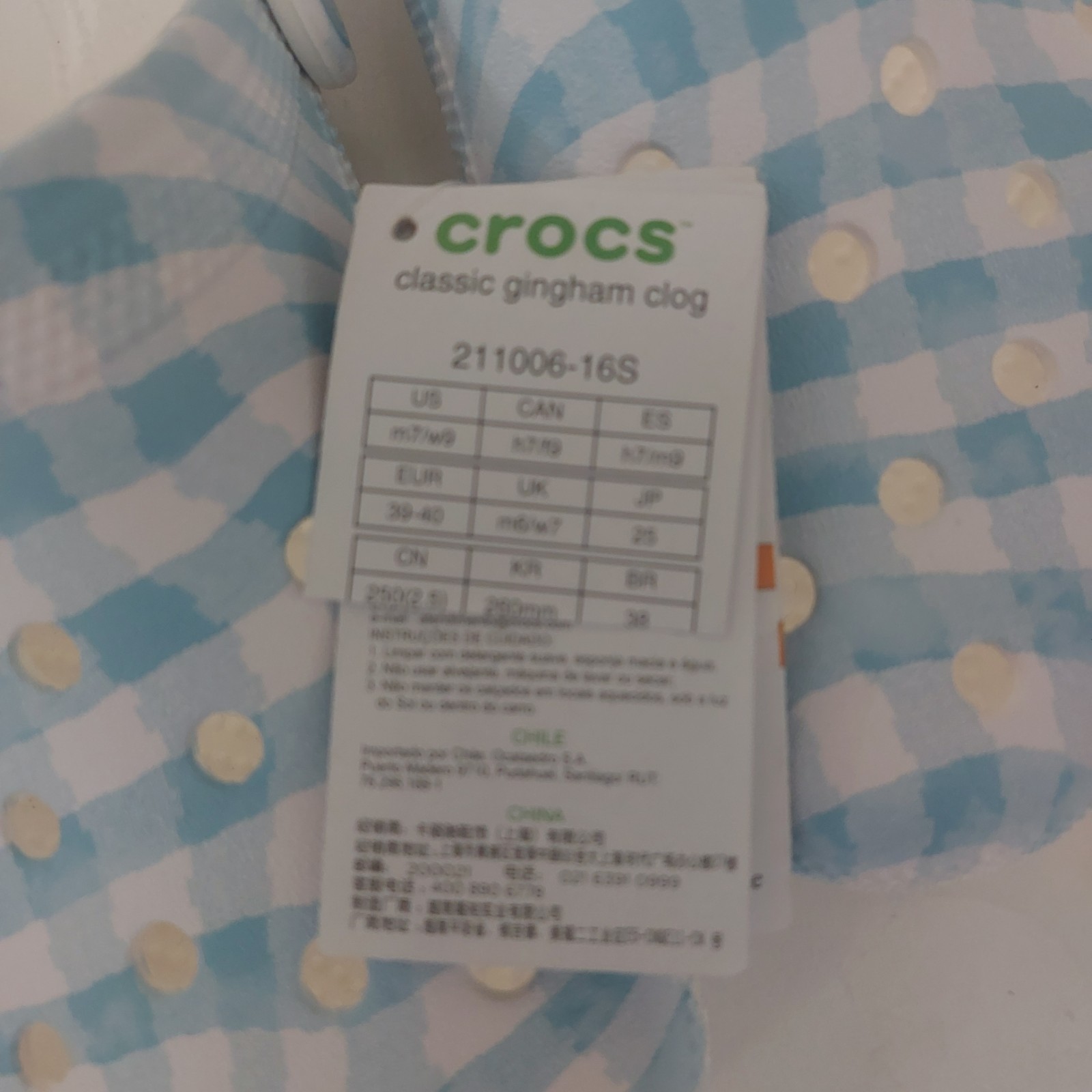 Crocs Classic Gingham Clogs Mens Size 7 Womens 9 Blue White Slip On Sandals Shoe