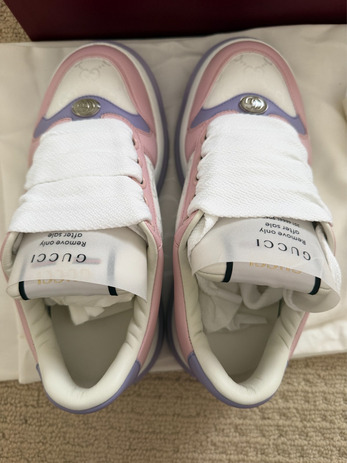 Gucci GG Women Sneakers Pink Lavender White Platform Shoes Size 37.5 Made Italy