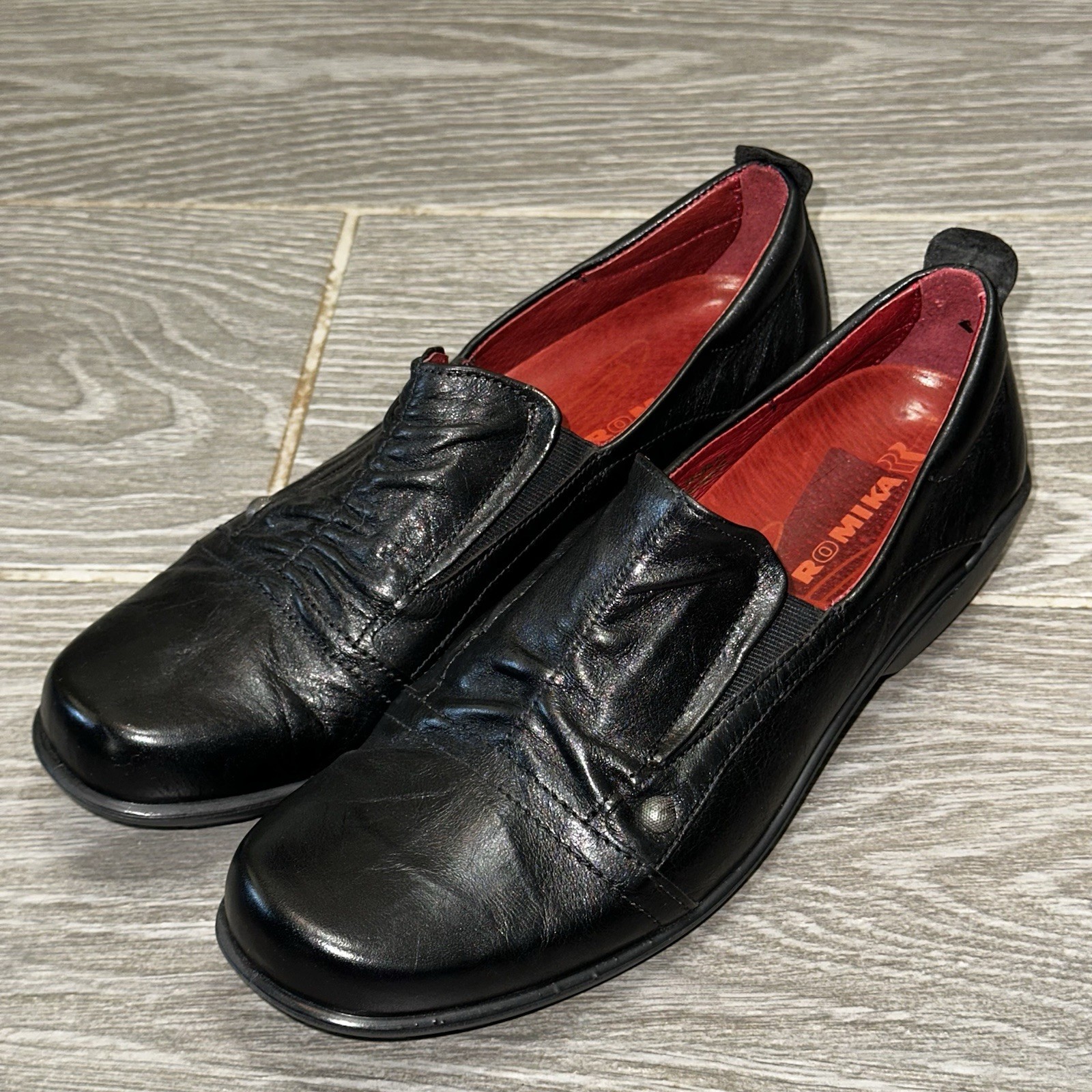 Romika Cassie Wrinkled Black Slip-On Leather Shoes Comfort Low Heel Women’s 40