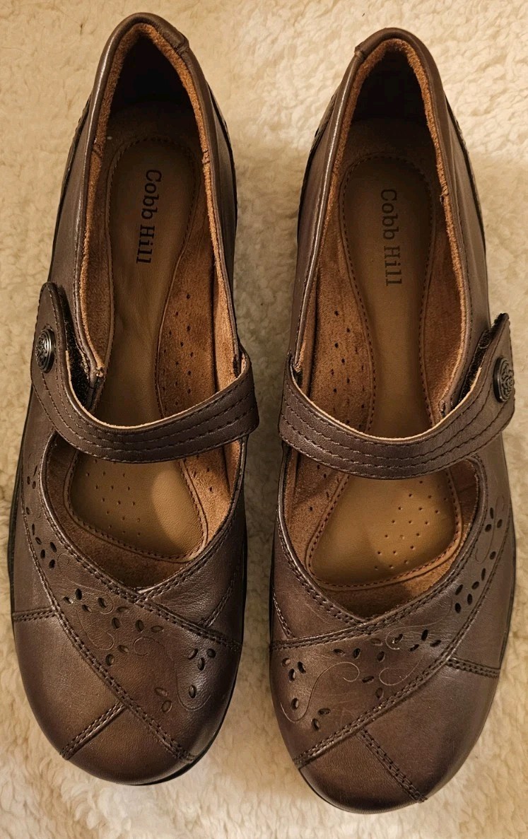 Cobb Hill Petra Mary Jane Leather Loafers Brown Laser-cut Wedge Shoes Womens 8 N