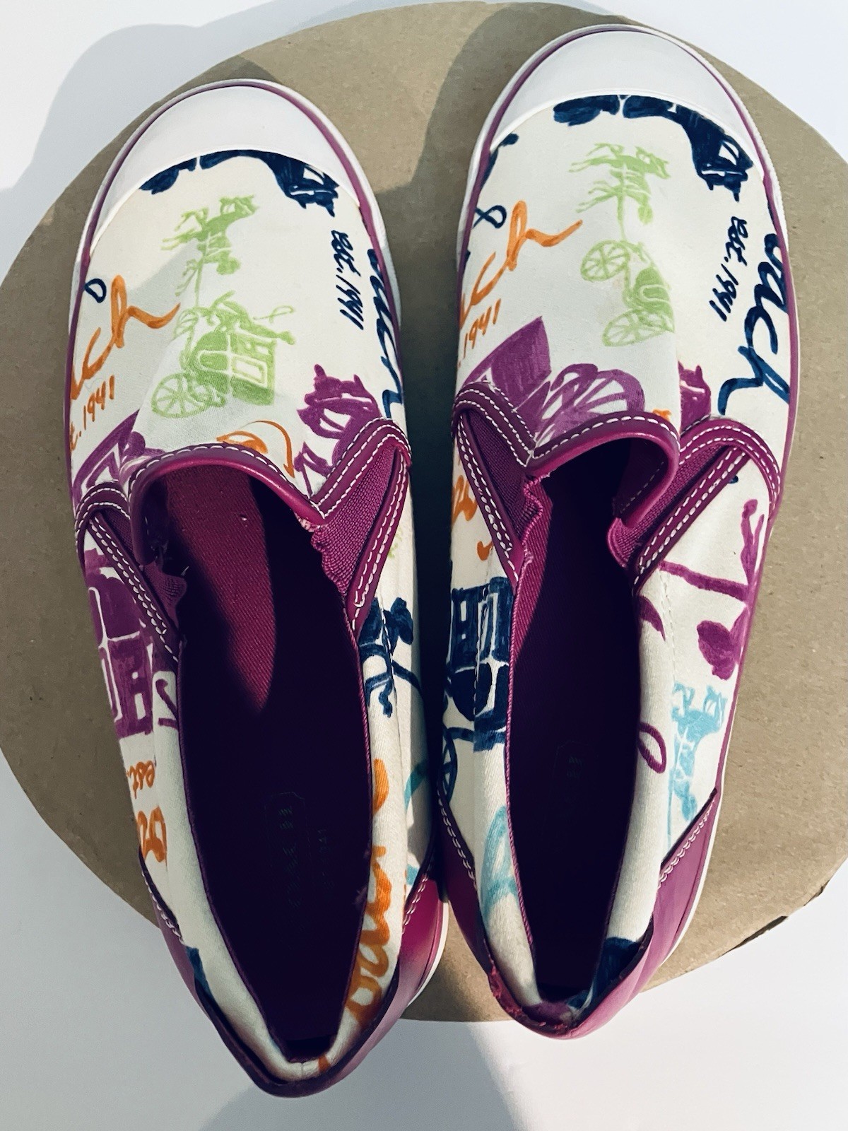 Coach Beale Slip On Sneakers White Multi-color Scribble Logo Signature Women 8.5