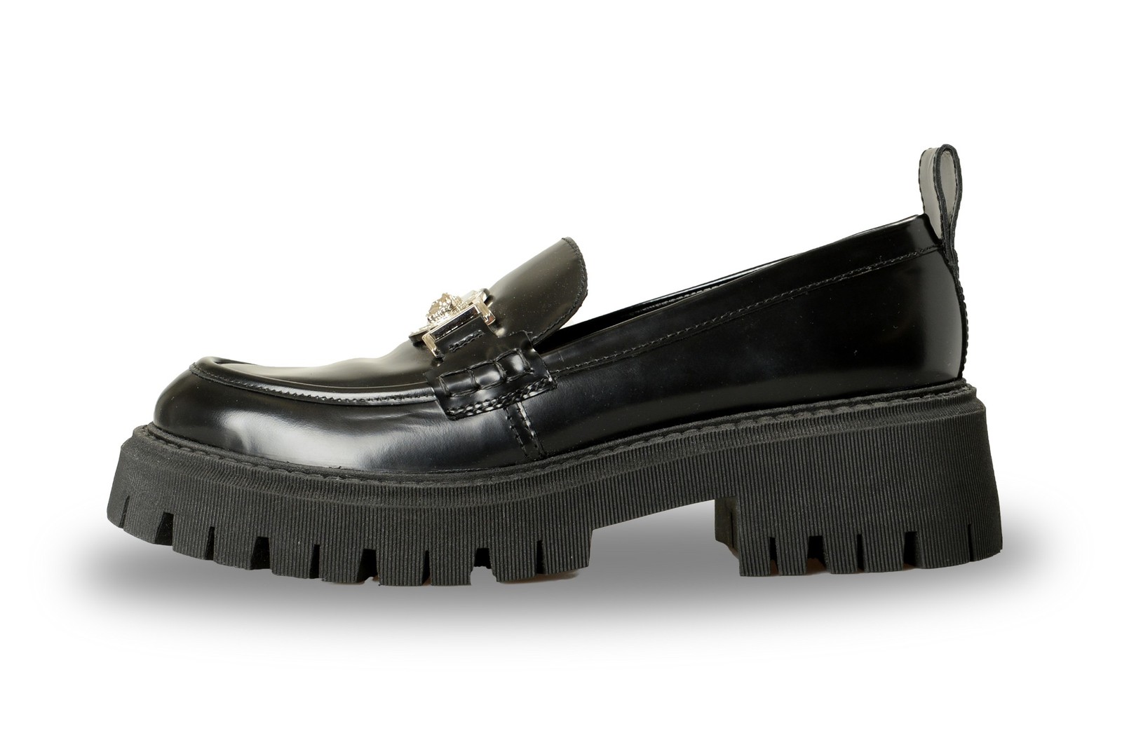 Versace Women’s Black 100% Leather Silver Medusa Head Loafers Shoes US 8 IT 38