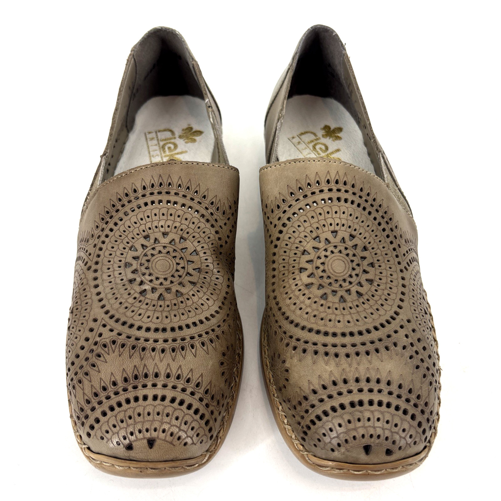 Rieker Anti-stress Laser-Cut Leather Slip On Shoes Womens 38 / 7.5 Taupe Heeled