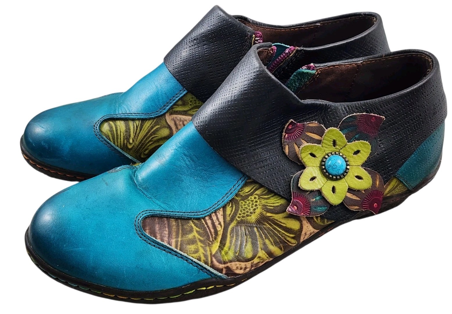 Socofy Vicconfy Shoes Womens 9/40 Purple Teal Leather Floral Side Zip Boho