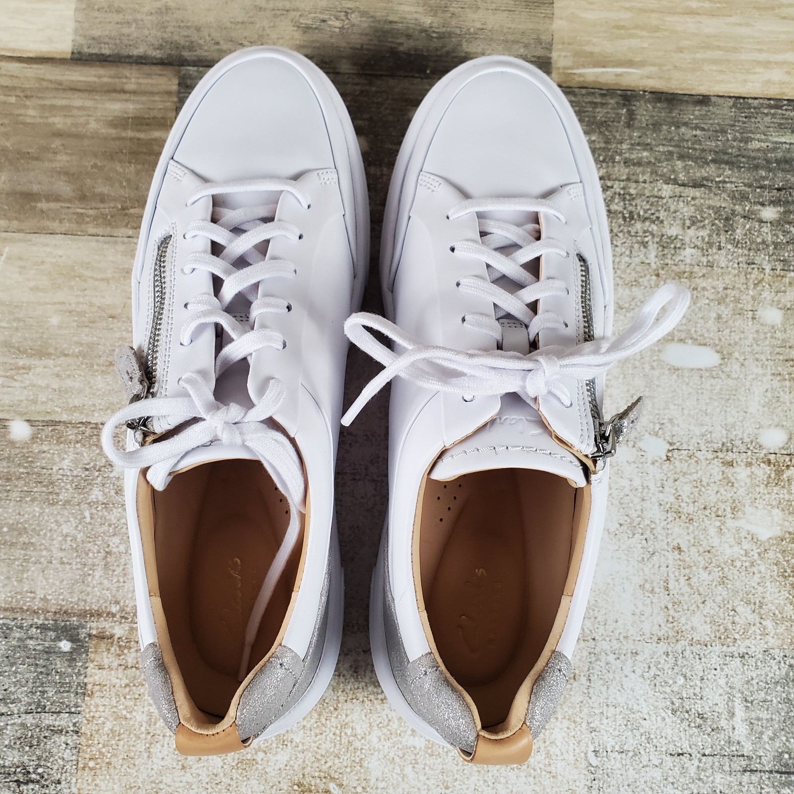 Clarks Hollyhock Zip Womens Shoes Sz 10 M Silver Combi Leather Lace-Up Sneakers