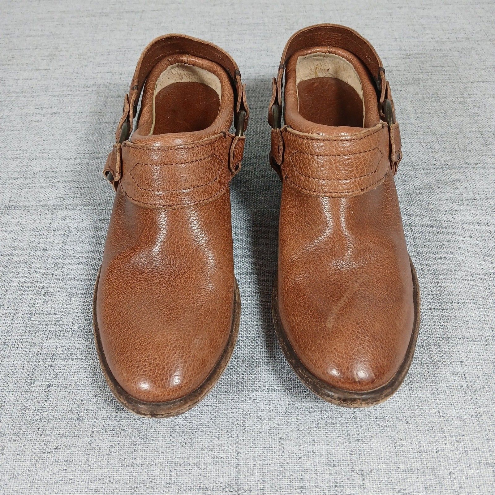 Frye Western Core Harness Ring Pebbled Leather Block Heel Mules Brown Scuffed