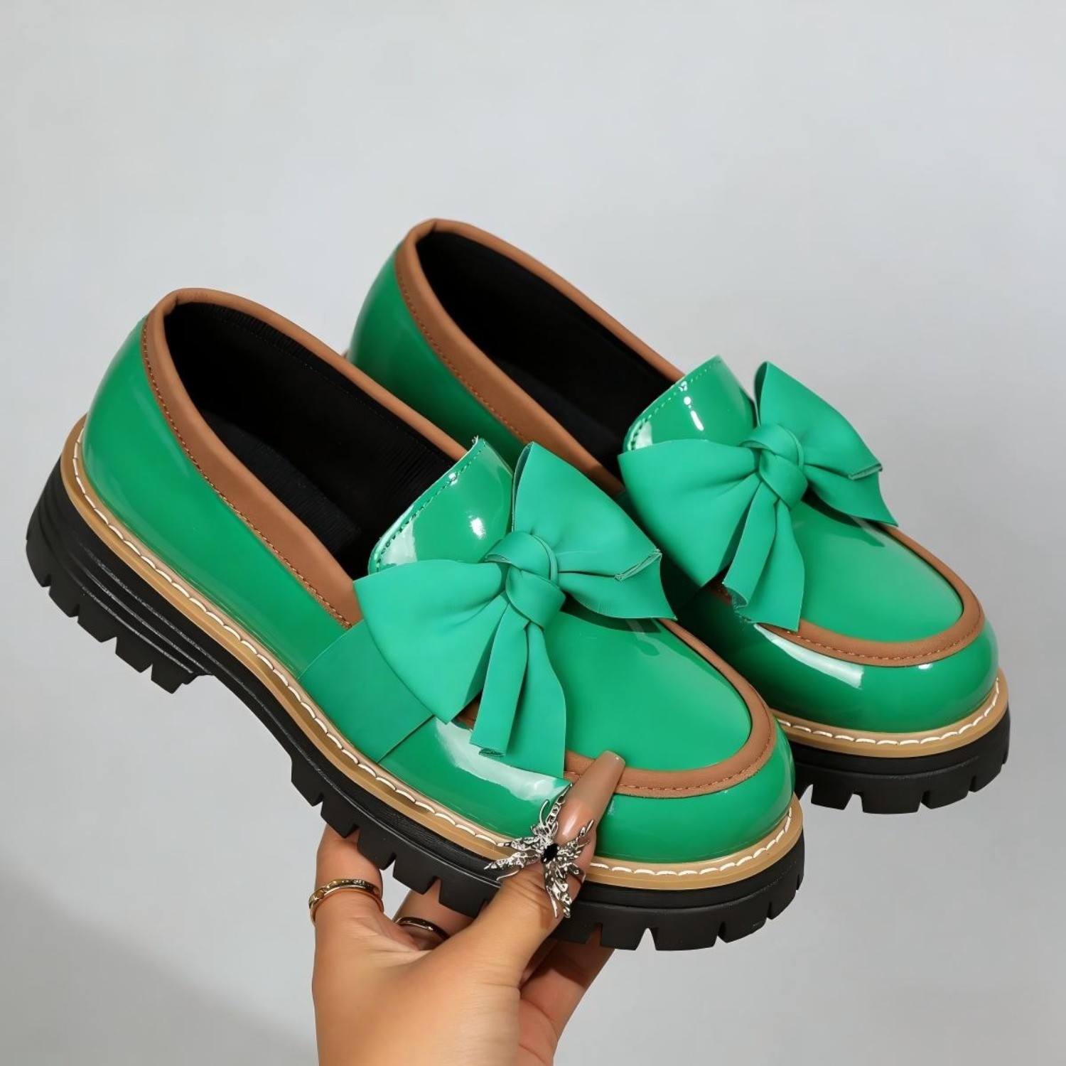 Women Patent Leather Loafers, Round Toe Bow Chunky Heel Platform Shoes