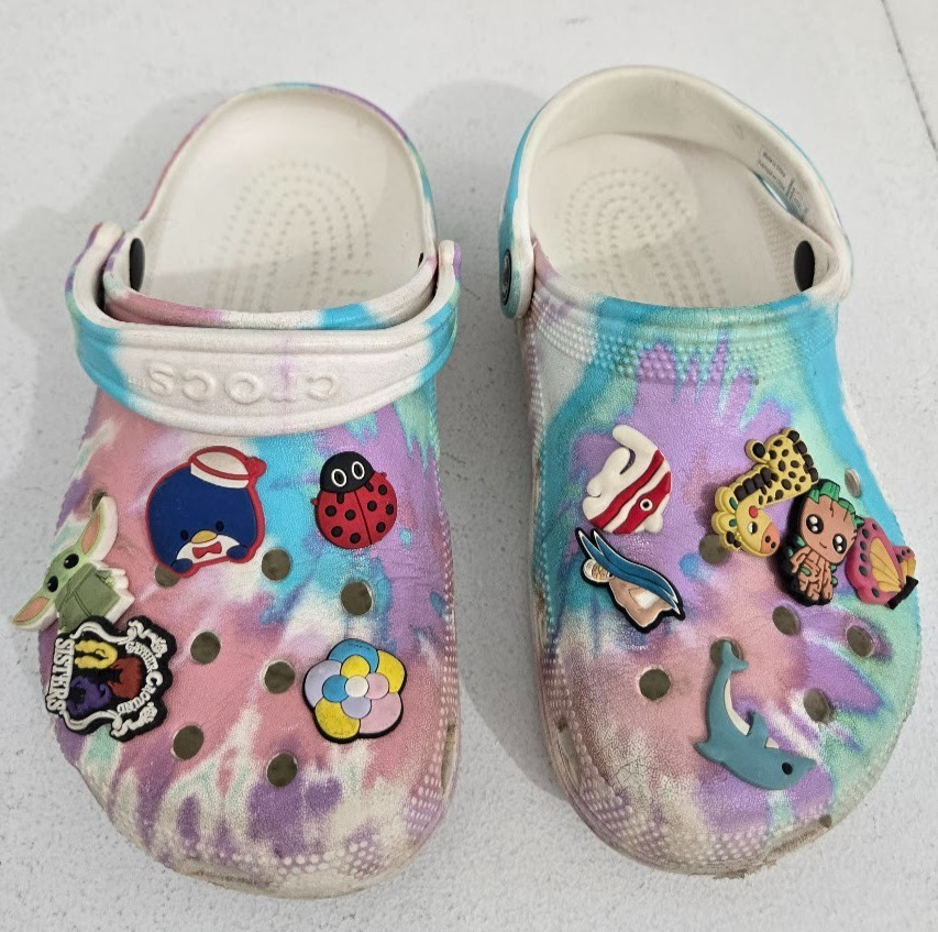 Crocs Adult Classic Pastel Tie Dye Clogs Sz M:4 W:6 Casual With Pins Groot Grogu