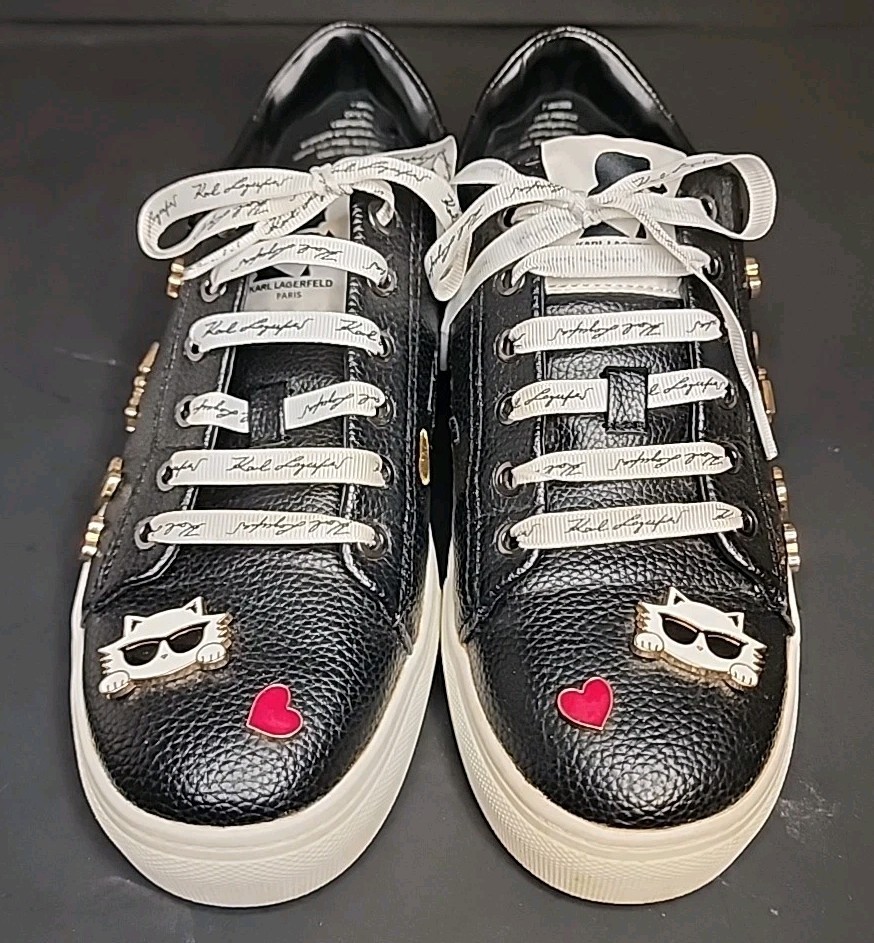 Karl Lagerfeld Women’s Size 7.5 Black Cate Pins K22 Tennis Shoes Charms Leather