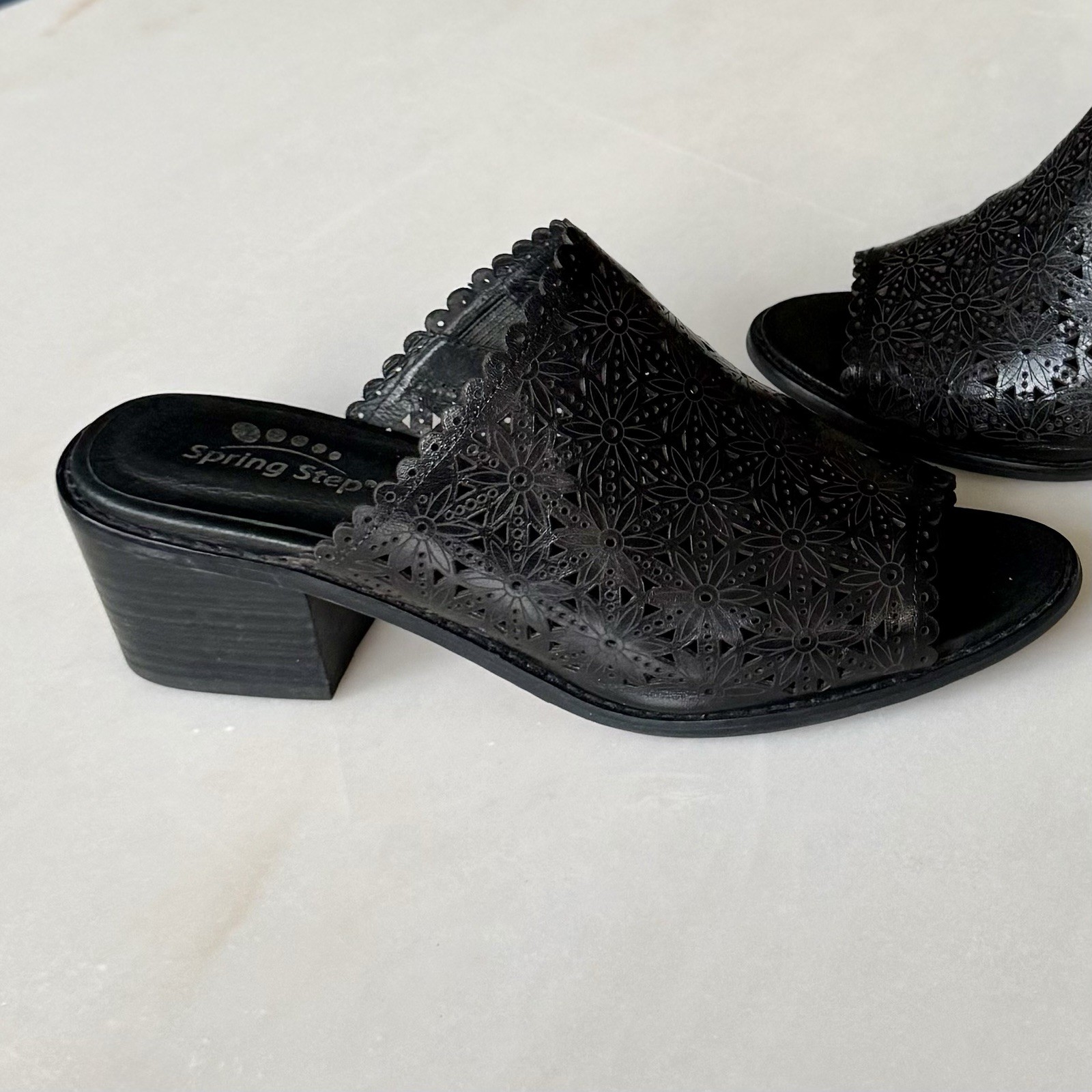 Spring Step Lea Black Leather Mule Laser Cut Open Toe Slip On EU Sz 40 | US Sz 9