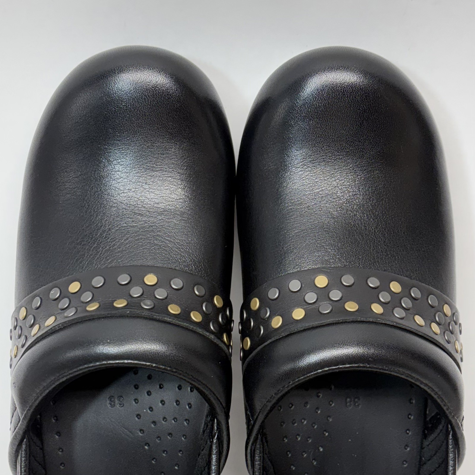 Dansko Pavan Clogs Black Leather Studded Strap Comfort Shoes Walking Size 38