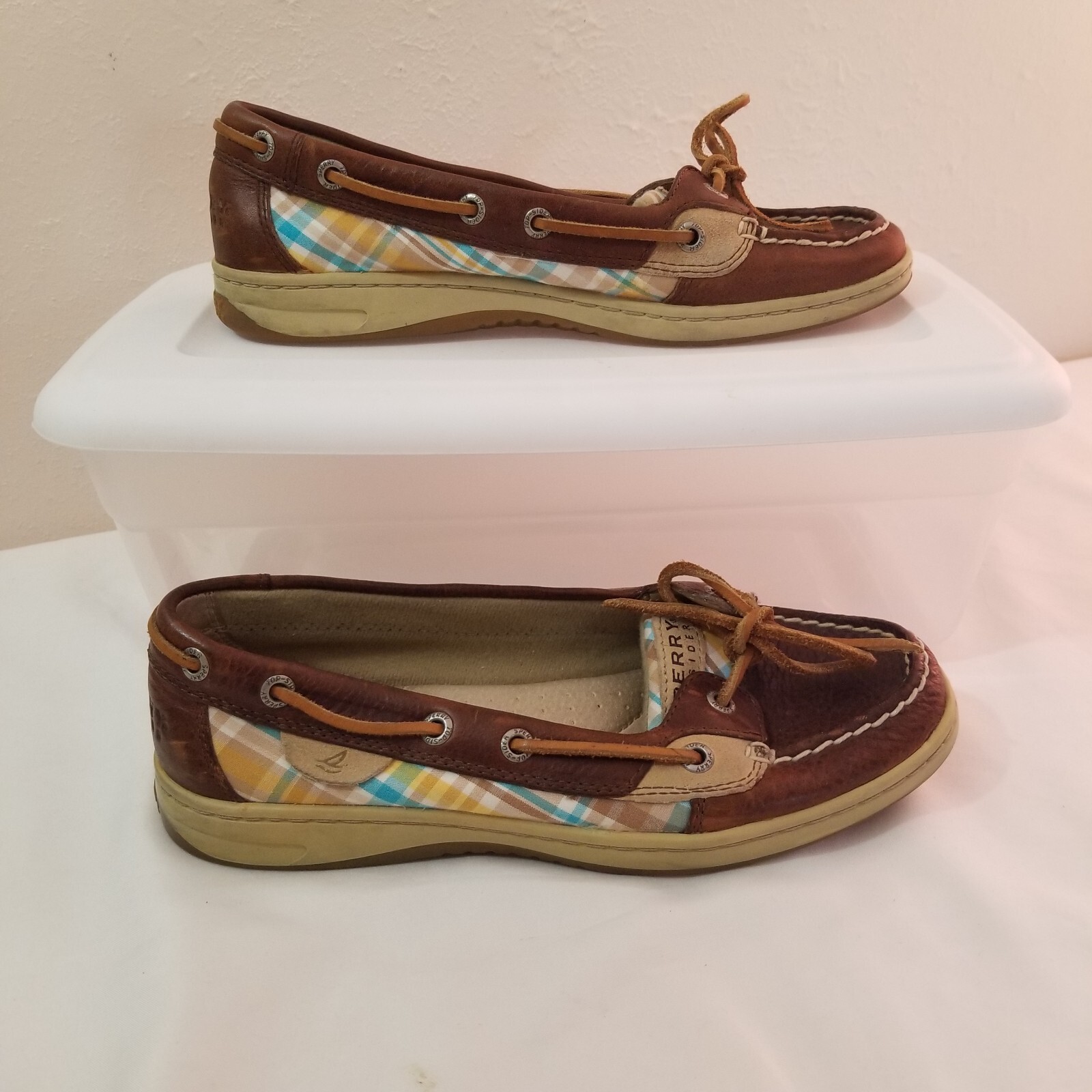SPERRY Women Top Sider Boat Shoes One Eyelet Plaid Cloth Brown Leather Sz7M