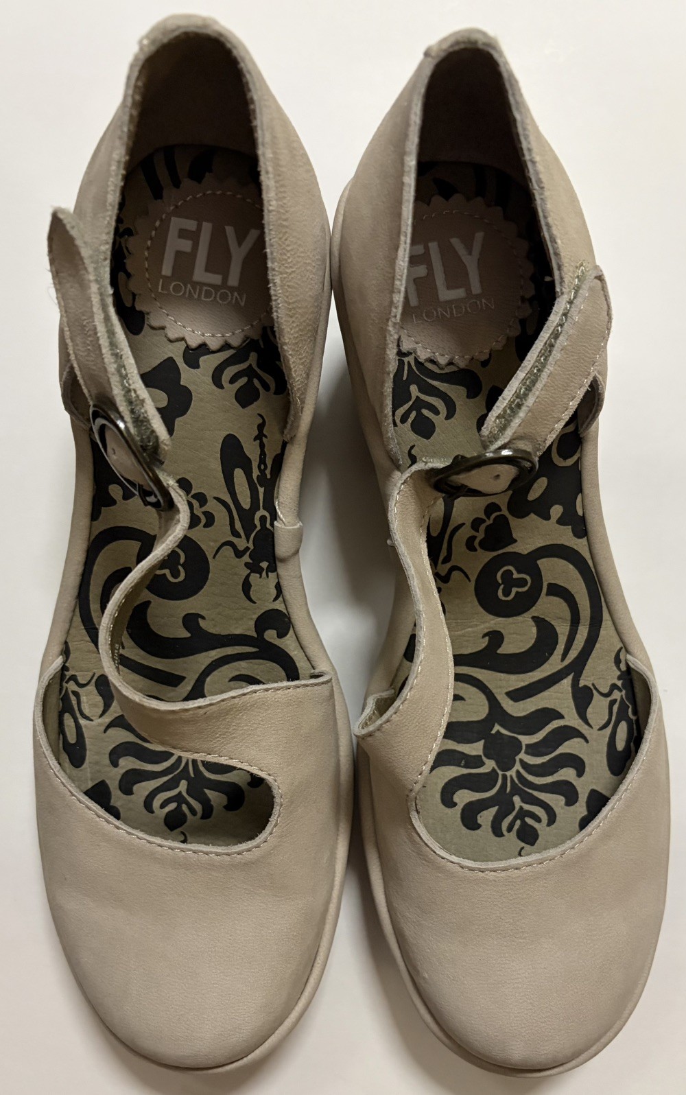Fly London Leather Asymmetrical Strap Heel Nude, Leather Buckle Closure Size 6