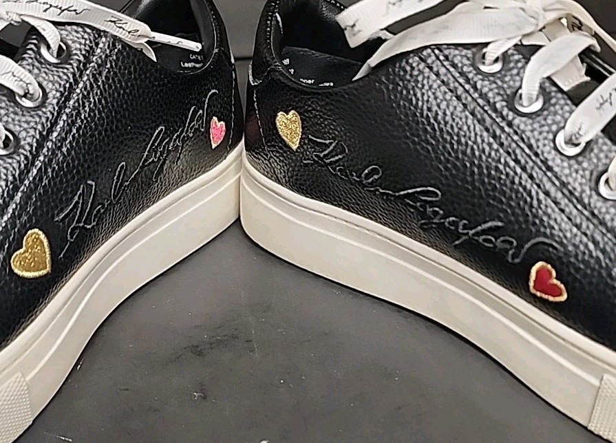 Karl Lagerfeld Women’s Size 7.5 Black Cate Pins K22 Tennis Shoes Charms Leather