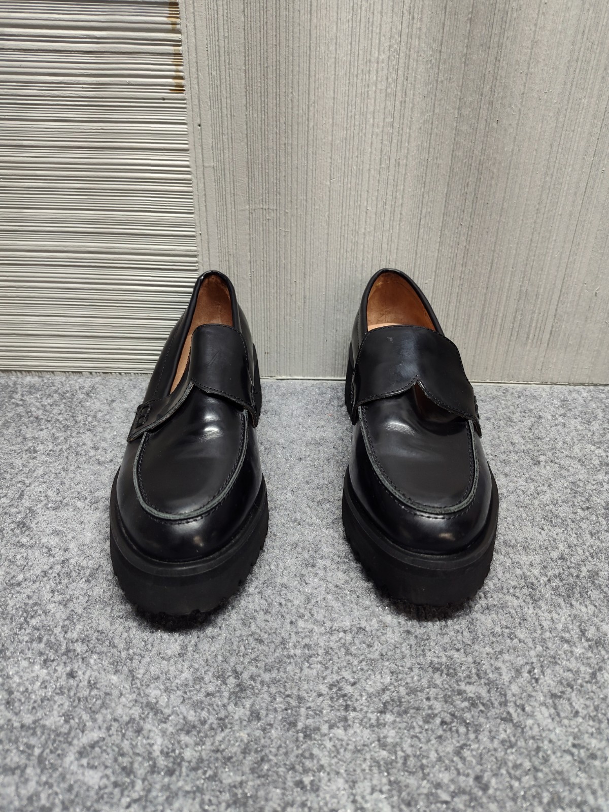 ALL BLACK Women Loafer 37 US 6 Black Patent Leather Slip On Chunky Platform Shoe