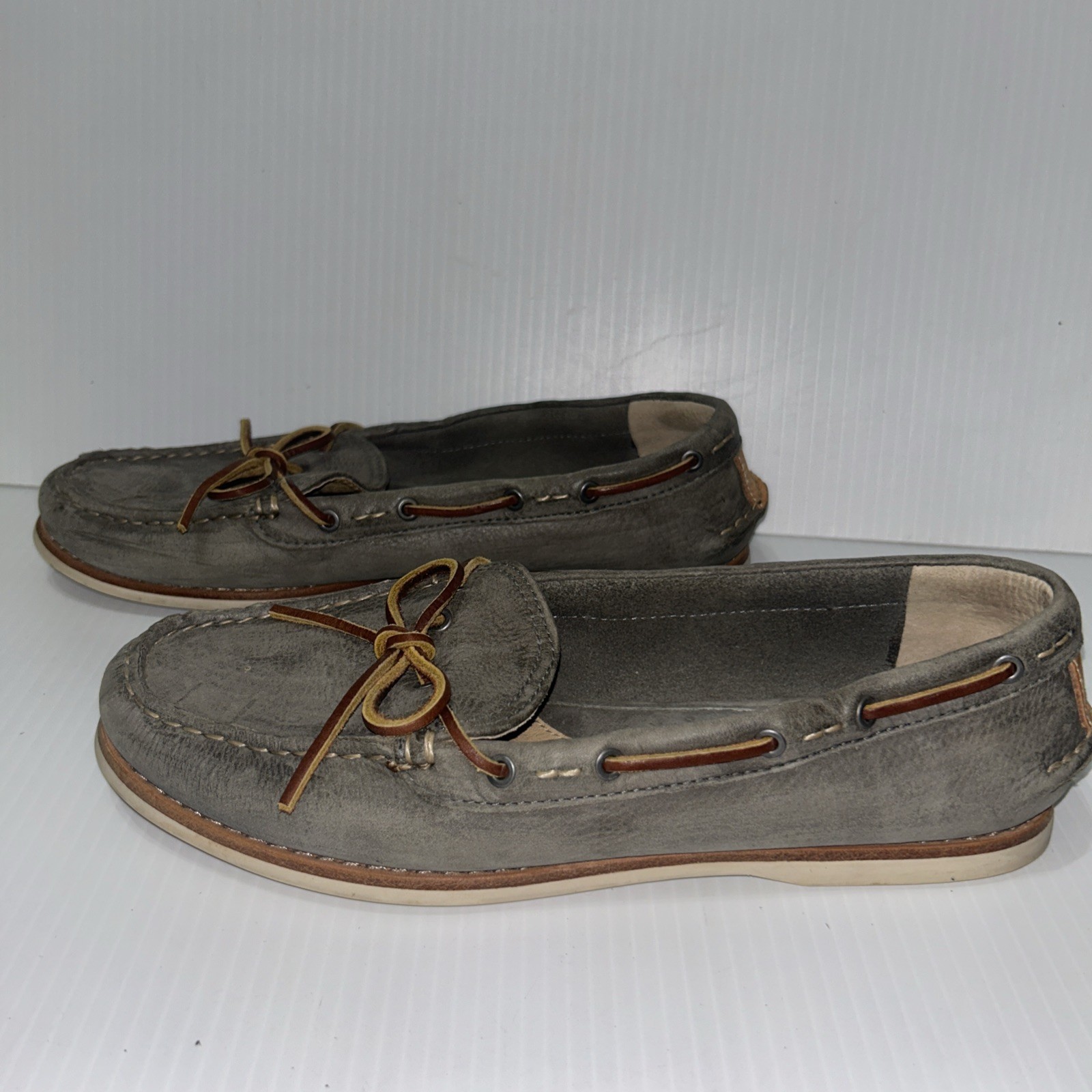 FRYE Quincy Tie Boat Shoes Womens 9M Gray Leather Moc Toe Loafers Casual 3472548