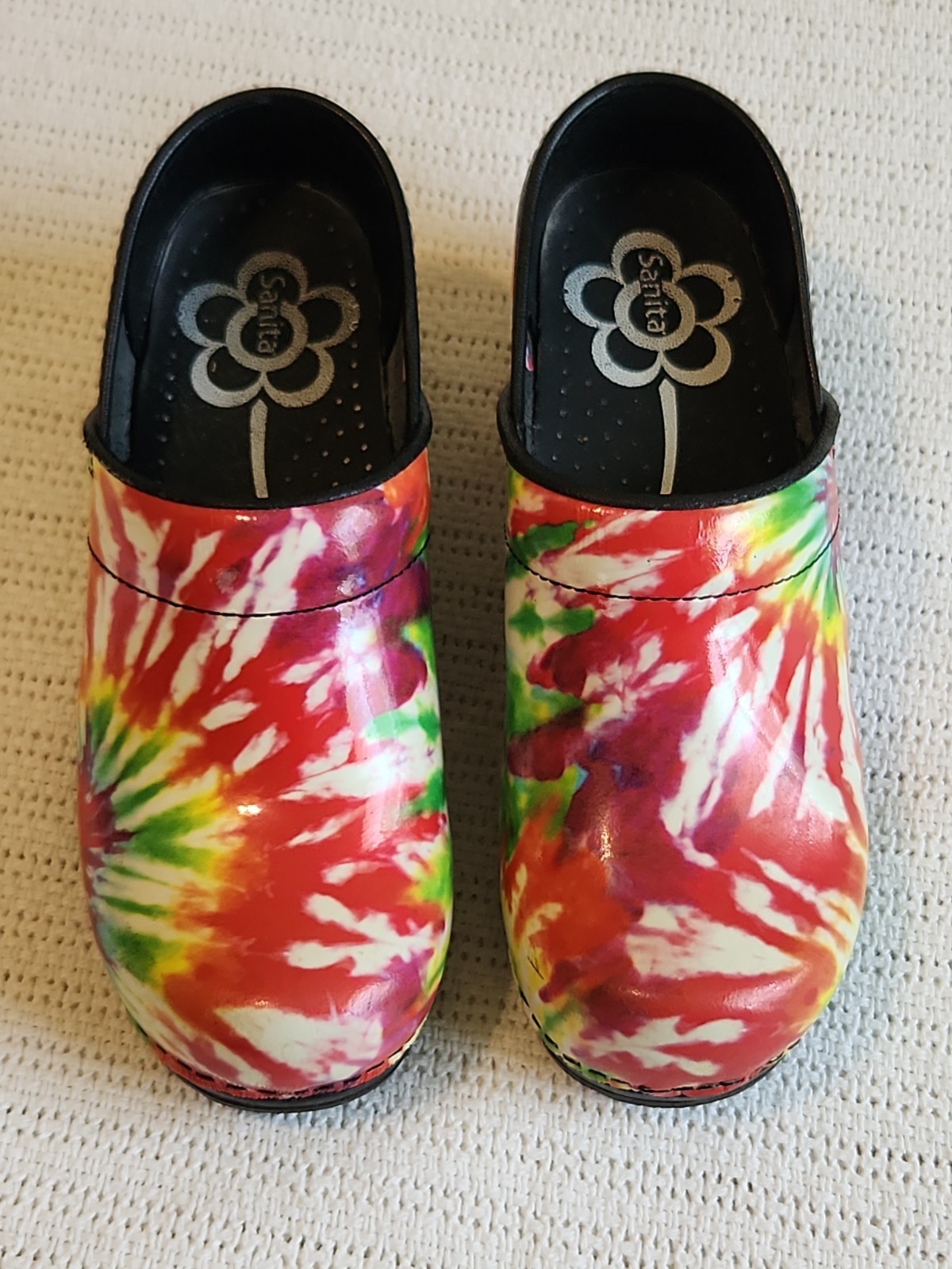 Sanita Tye Dye Waterproof Clogs Size 37 / 7 Danish Hard soles Black The Original