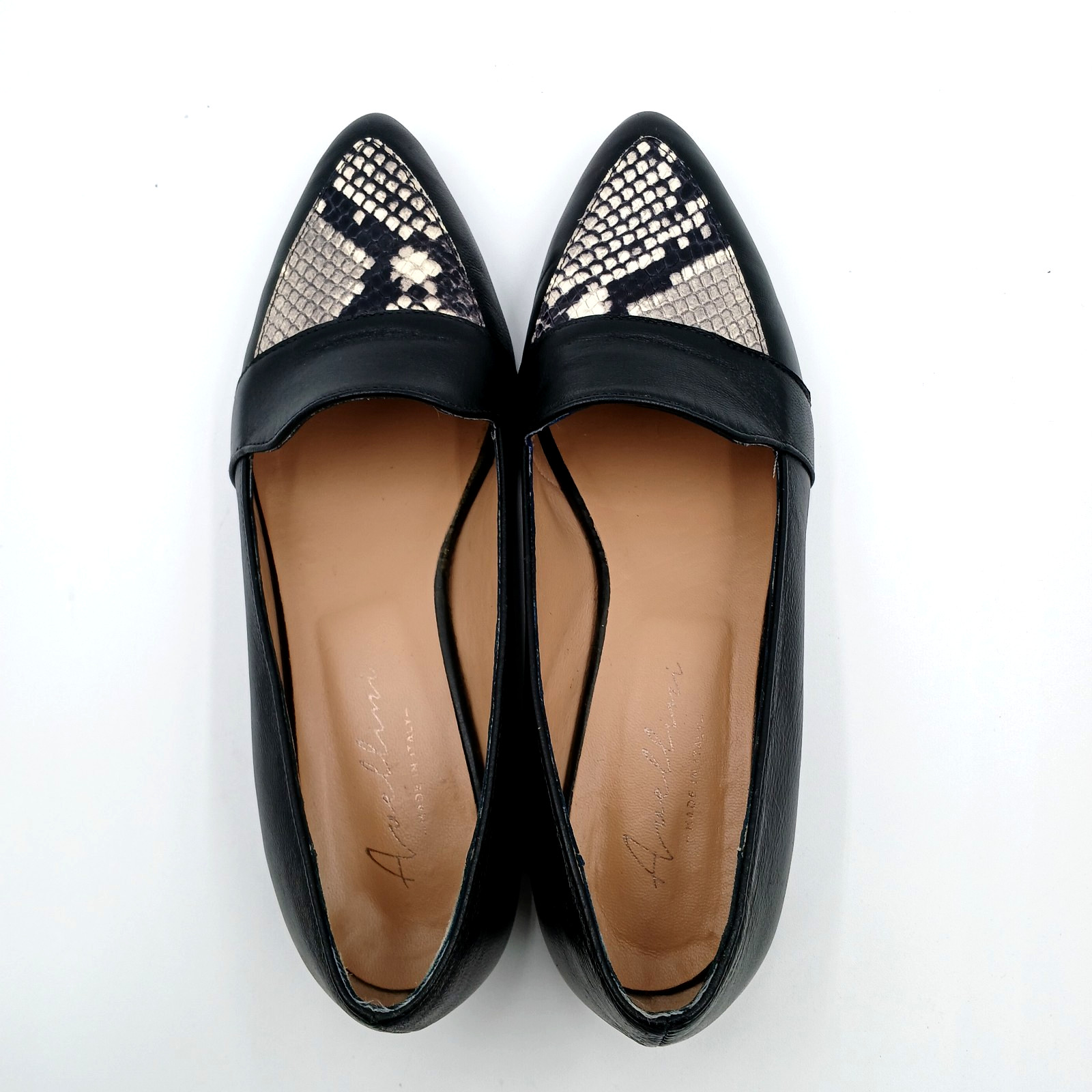 Avellini Womens Shoes Size 37 Black Leather Pointed Toe Snake Loafers Made Italy