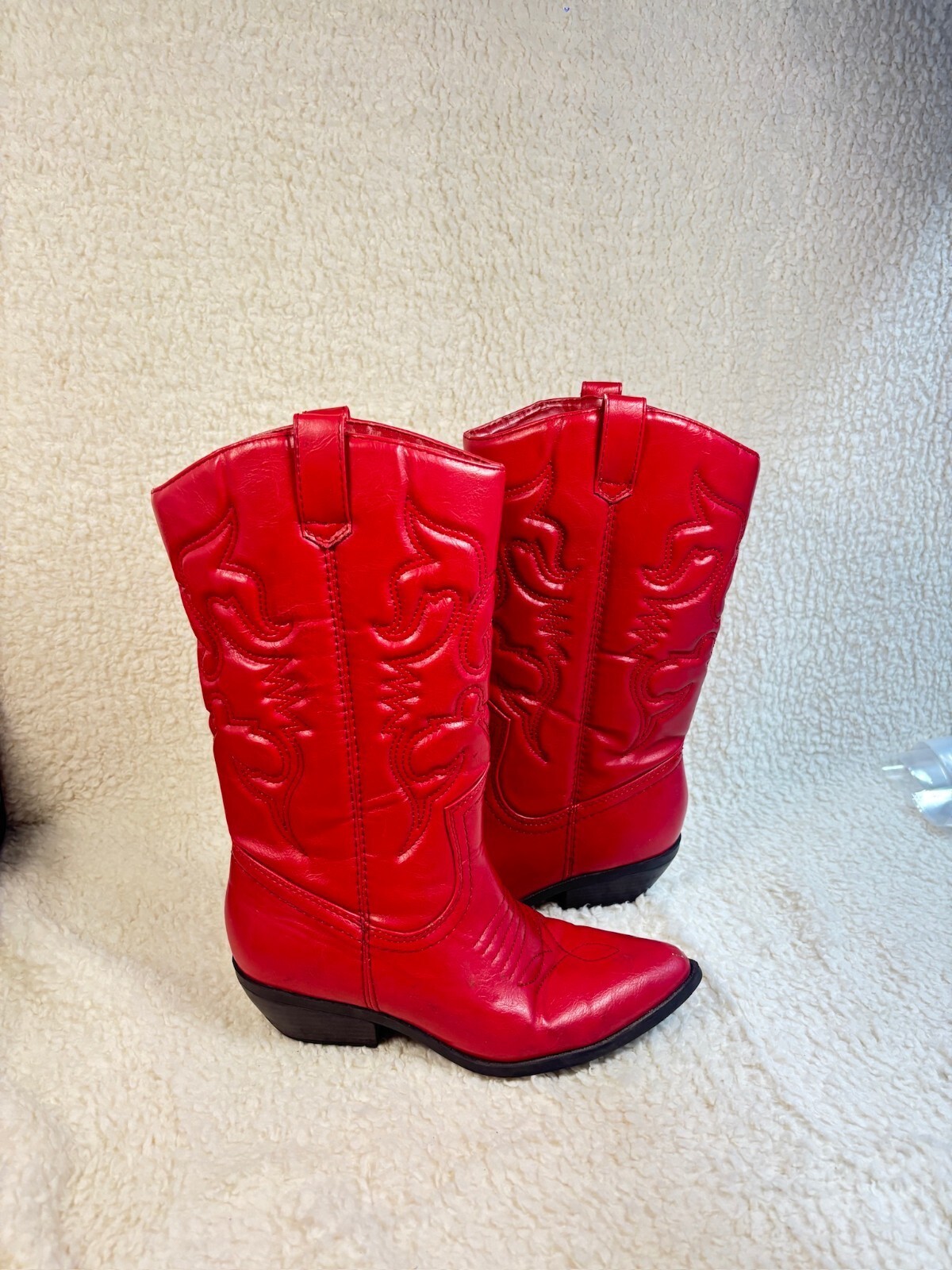 Red Faux Leather Western Cowboy Boots Size 7.5 Embroidered Knee High Y2K