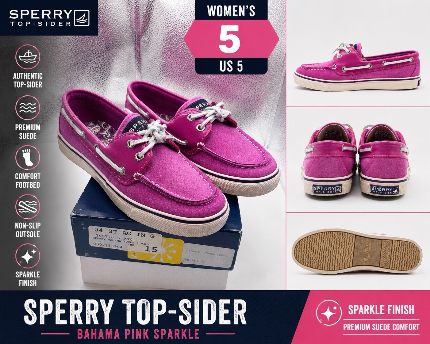 Sperry Top-Sider Bahama Pink Sparkle Suede Boat Shoes Women’s 5 New Summer