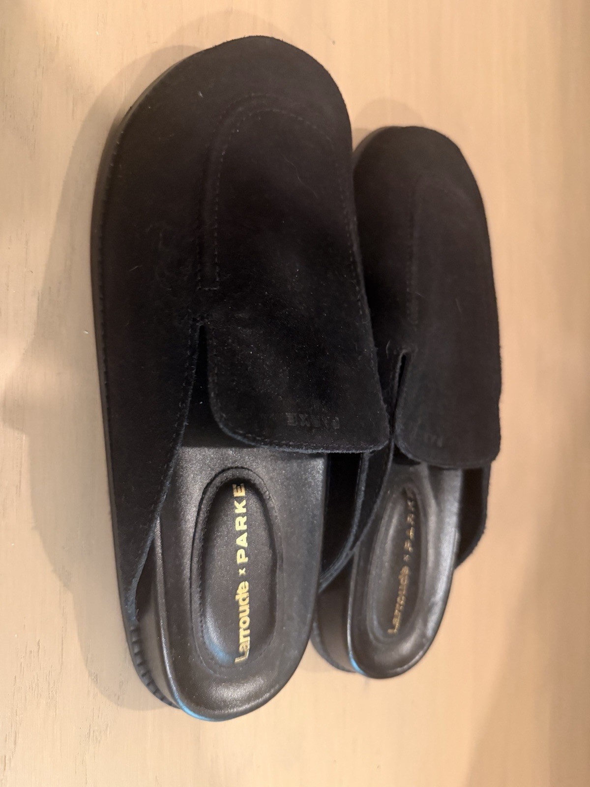 Larroude x Parke Black Suede Clogs