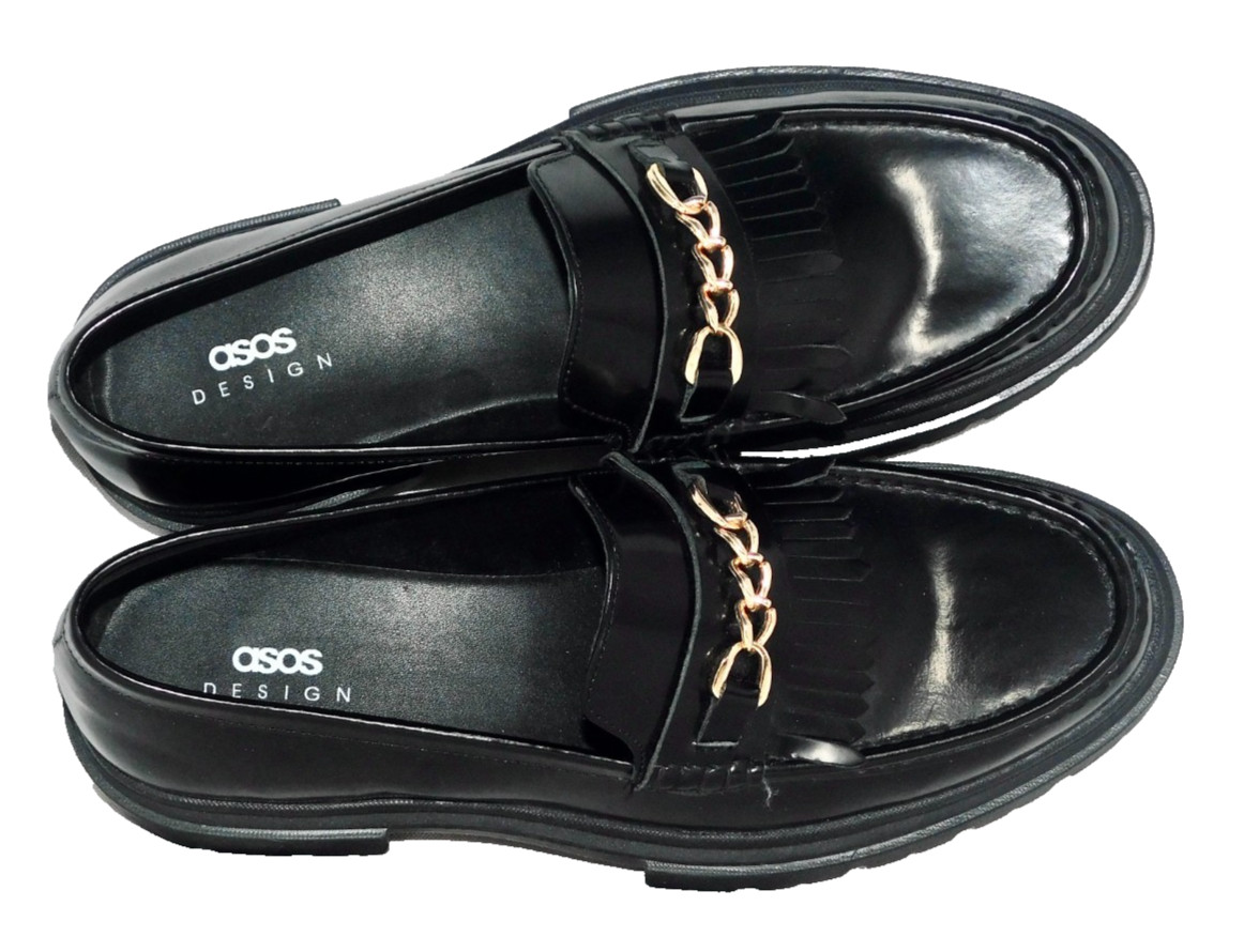 ASOS DESIGN Chunky Platform Kilty Chain Loafer Women Size 11 Black Patent