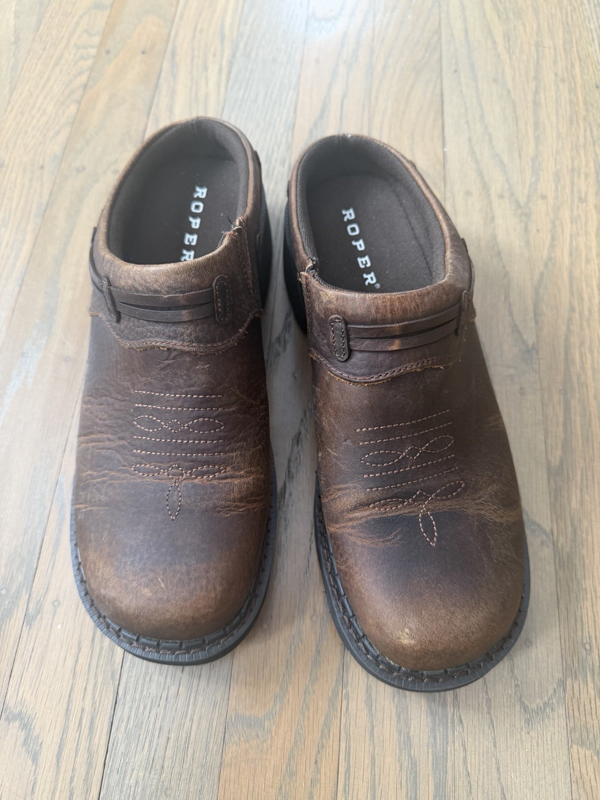 Roper Womens Size 8.5 Brown Leather Slip On Casual Western Cowboy Mule Shoes