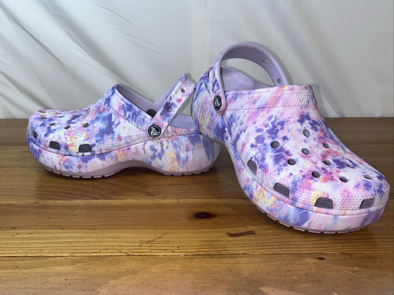 Crocs Classic Platform Clogs with a tie-dye pattern. Size 8