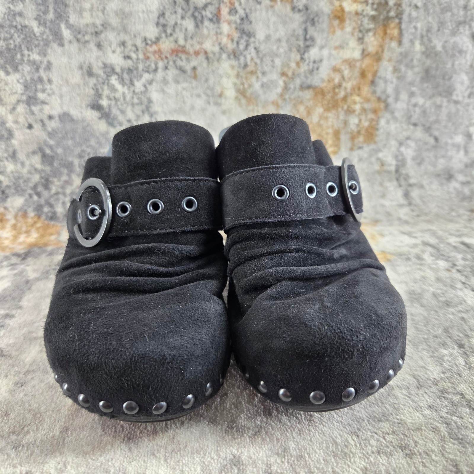 Dansko Black Suede Studded Clog Mules Womens EU 36 Buckle Strap Heels Boho