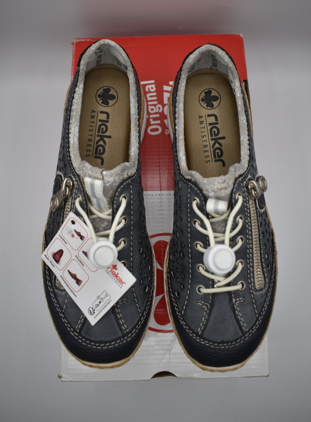 Reiker Nikita Blue Laser-Cut Leather Slip-In Zip Pocket Shoes 37 EU 6.5-7 US