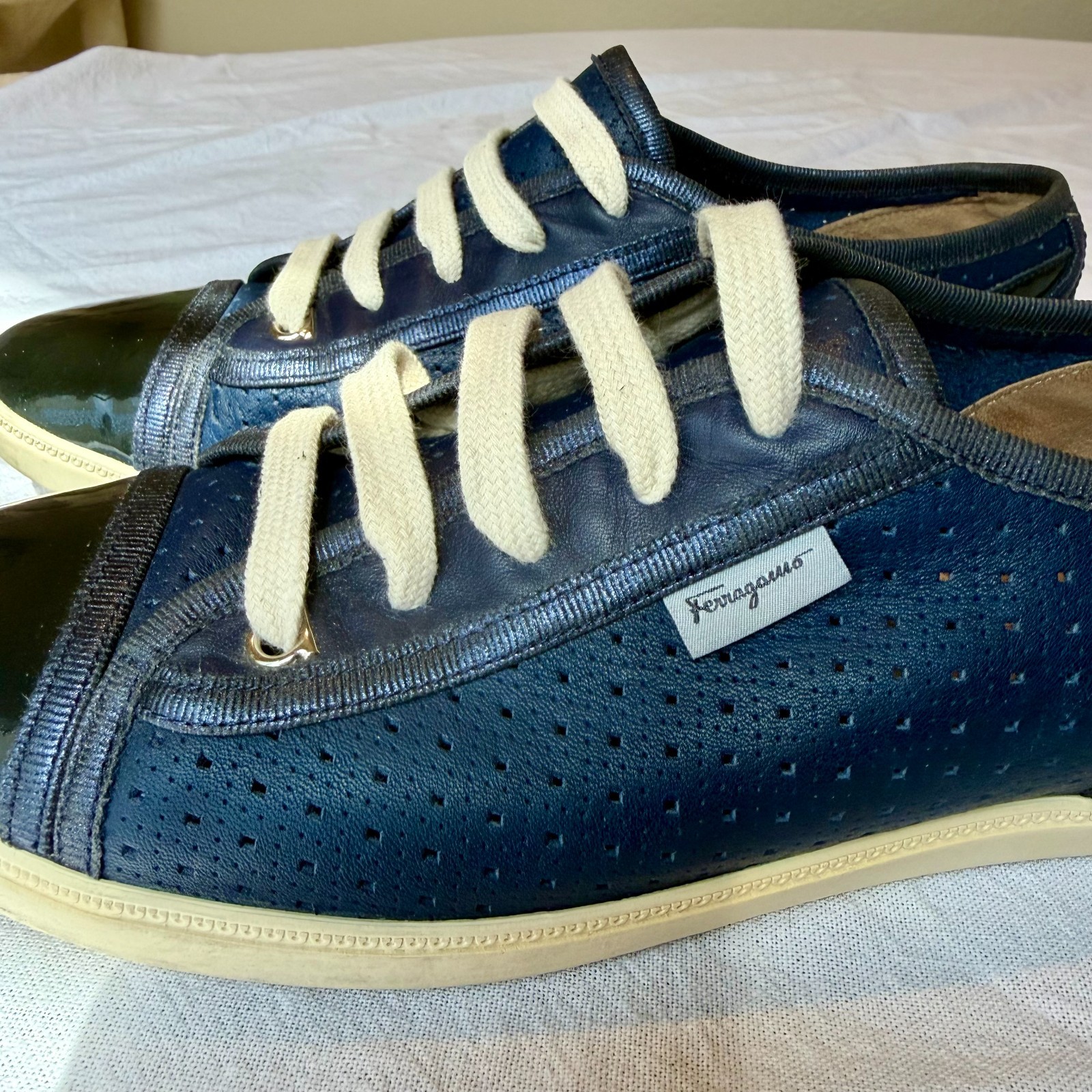 Salvatore Ferragamo Soho Perforated Sneakers Navy Leather Women’s Size 7.5 M