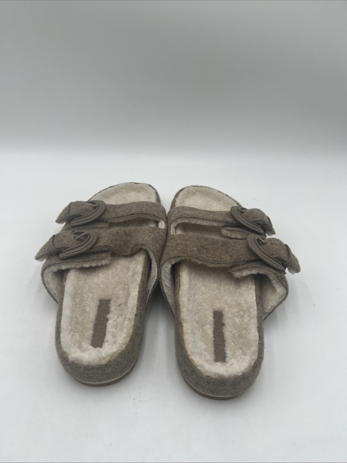 Vince Womens Glyn 2 Buckle Slides Wool Shearling Lined Beige Size 9