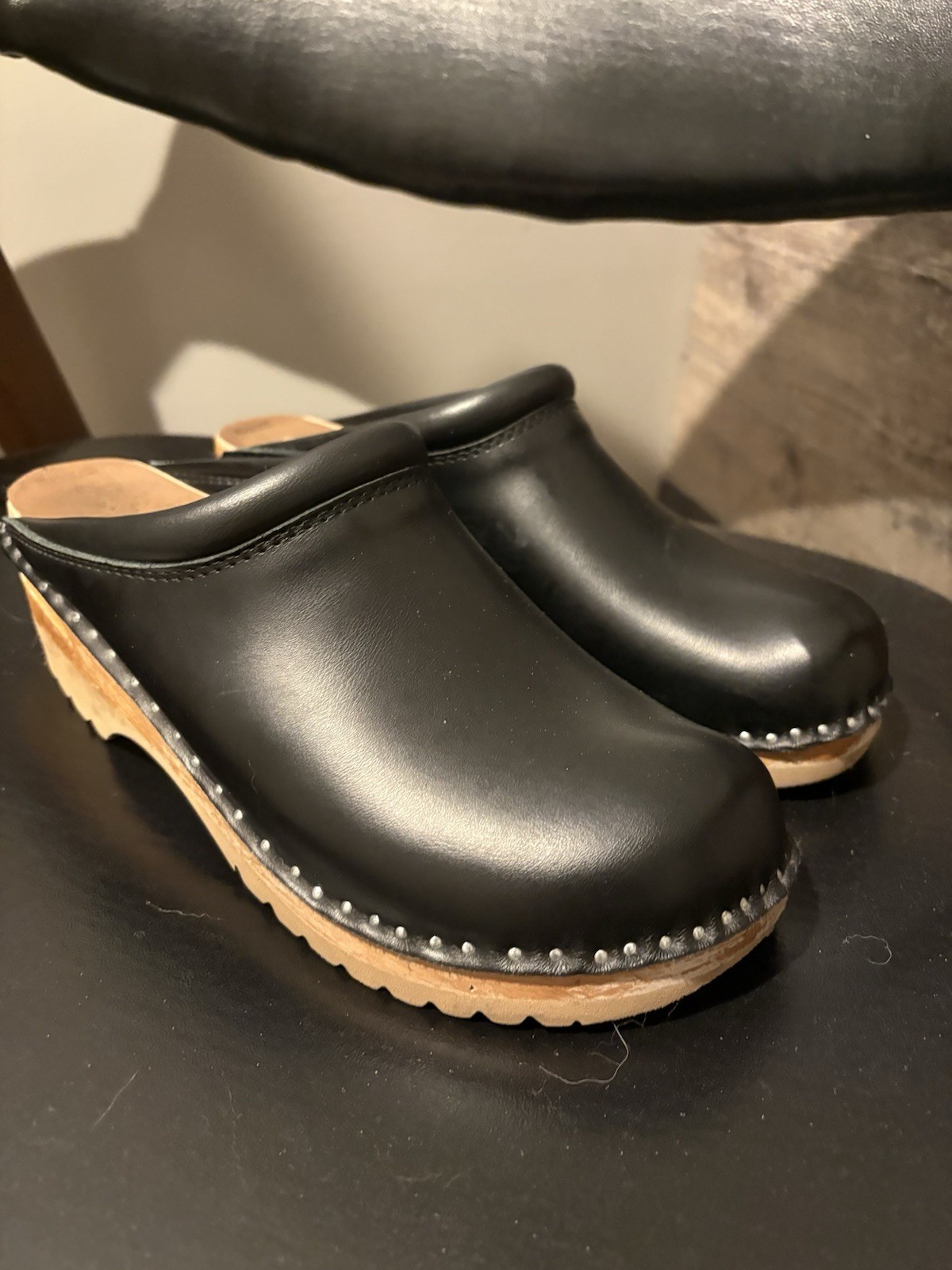 Troentorps Swedish-Made Wood Sole Clogs 42 Black Leather