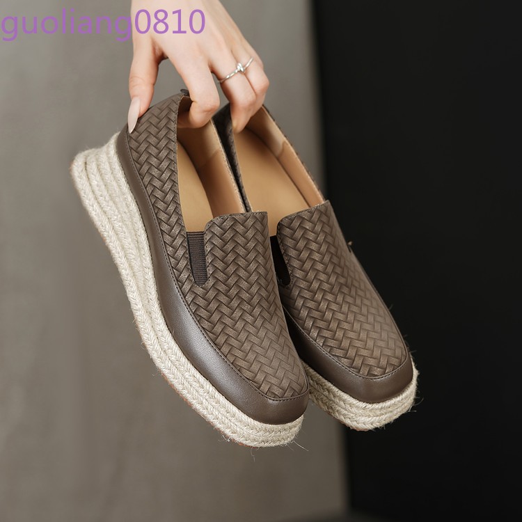 Weave Women’s Leather Casual Shoes Round Toe Platform Wedge Heel Loafer Platform