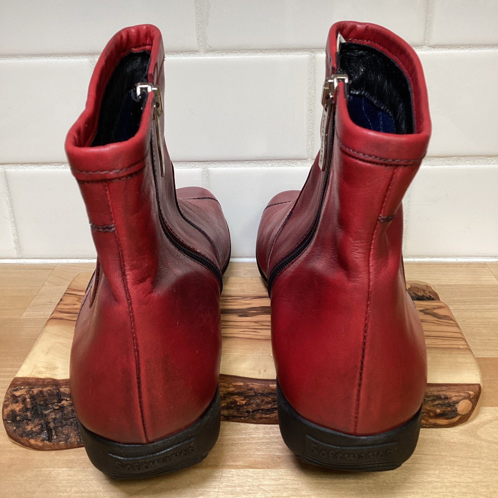 Softwaves Womens Red Leather Ankle Boots Booties Zip Zip Comfort Flat Shoes 7.5