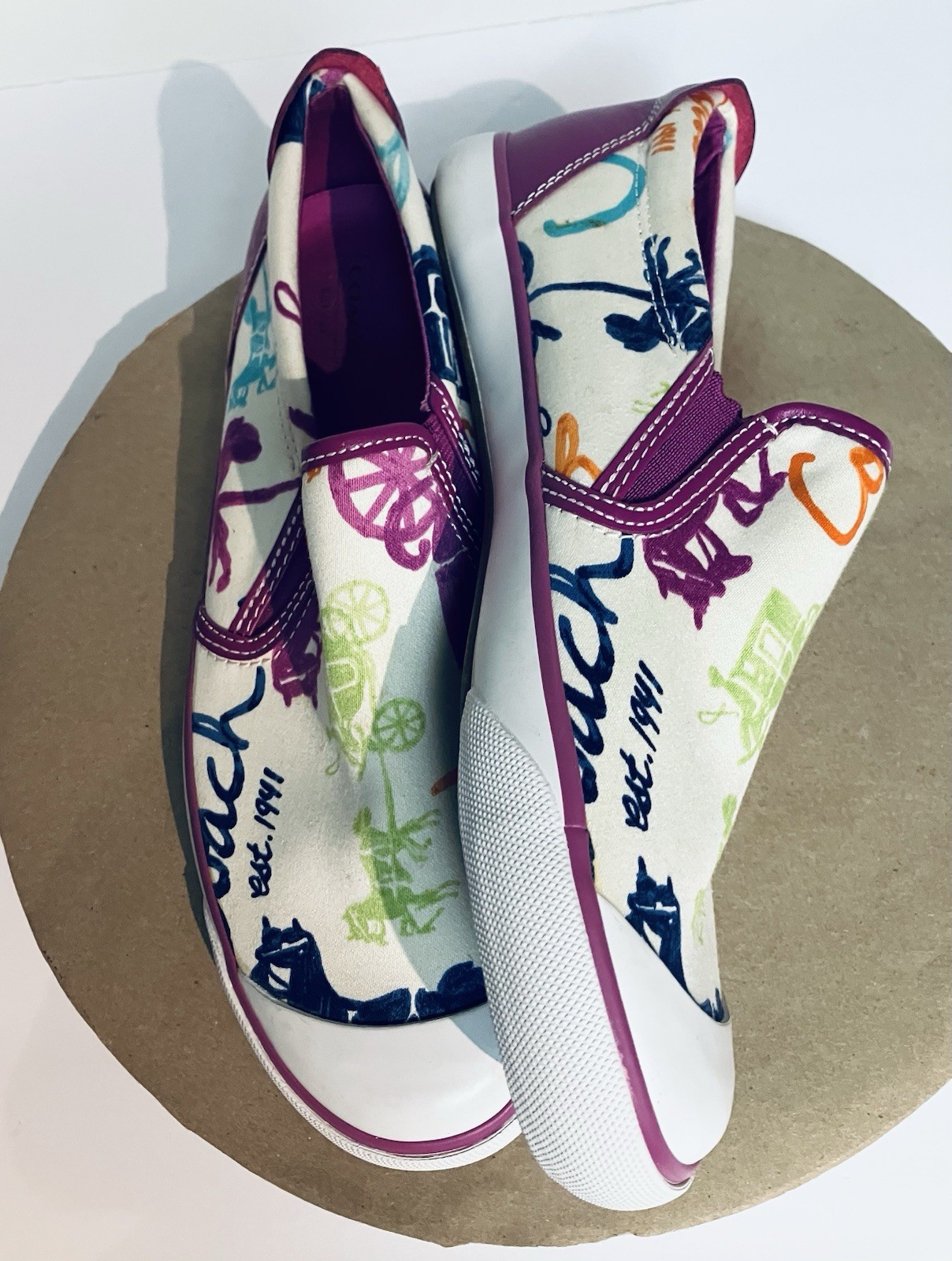 Coach Beale Slip On Sneakers White Multi-color Scribble Logo Signature Women 8.5