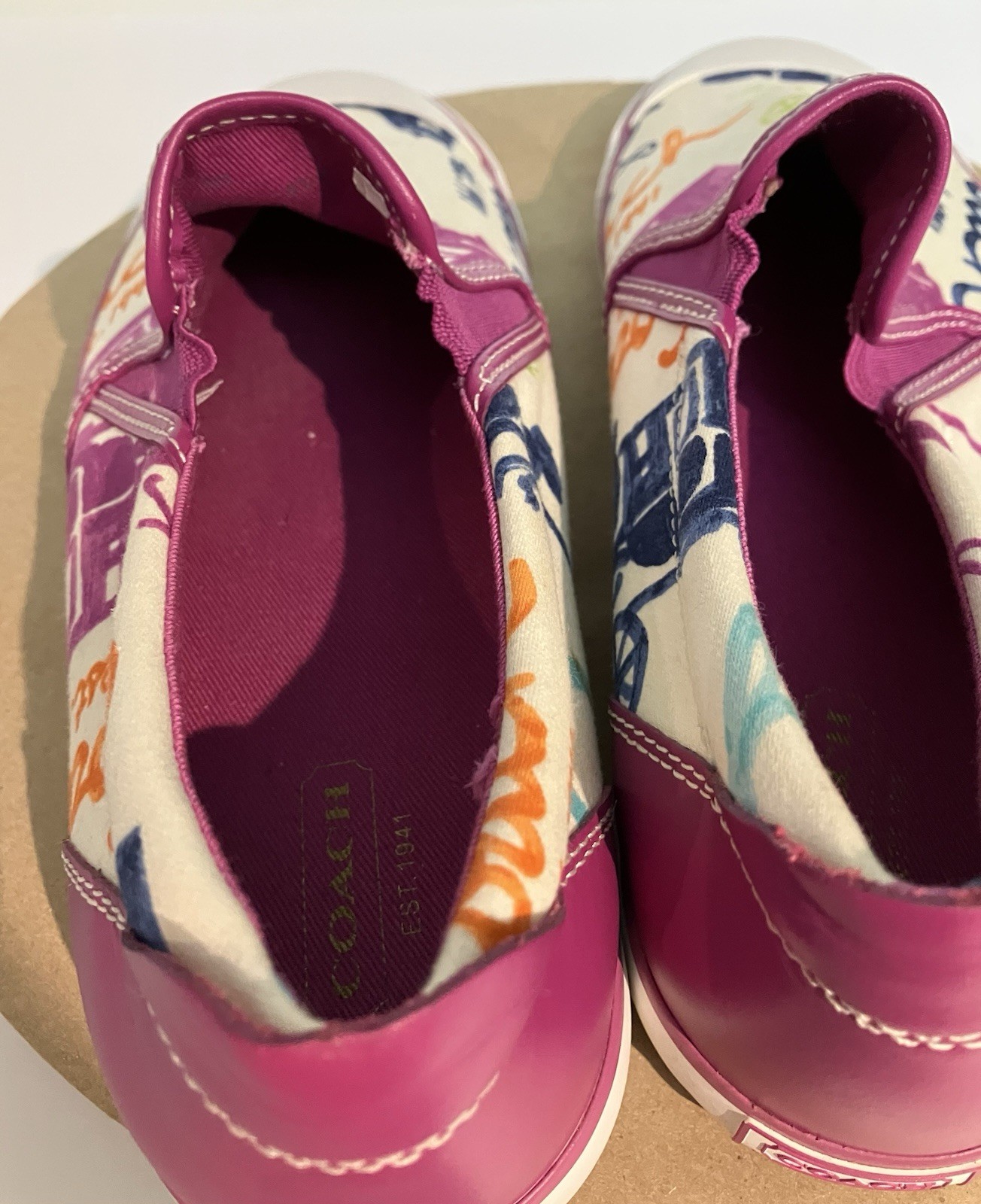 Coach Beale Slip On Sneakers White Multi-color Scribble Logo Signature Women 8.5