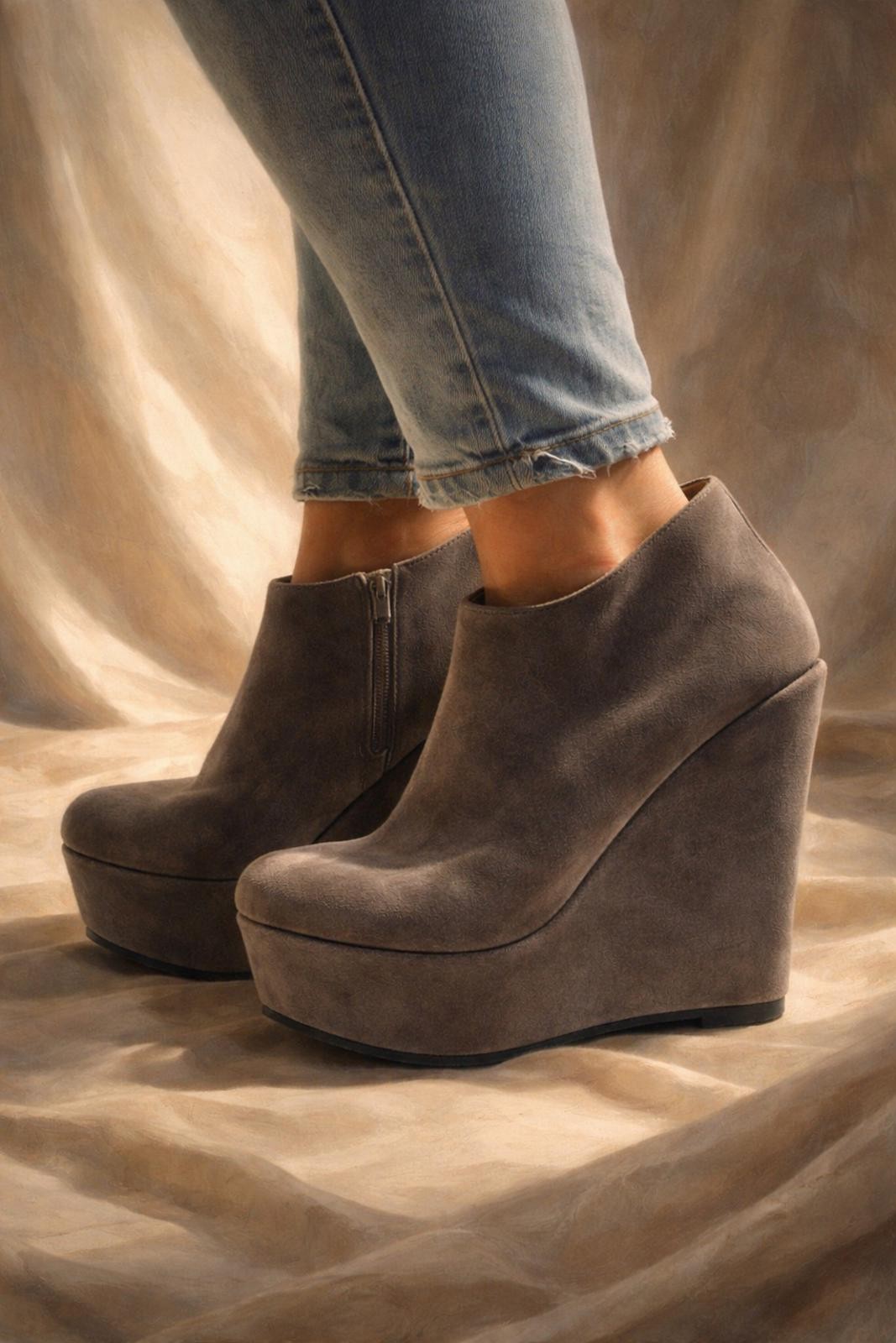 Deena & Ozzy Suede Platform Wedge Booties – Gray, Size 6