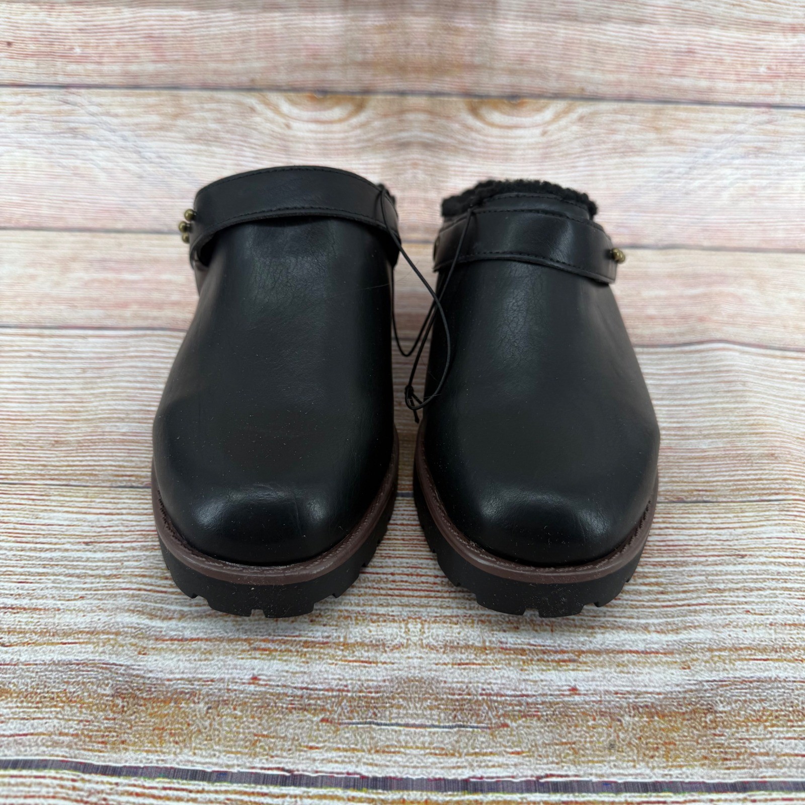 Kensie Wrylie Black Faux Leather Faux Fur Lined Lug Sole Clogs Mules KS252500 8